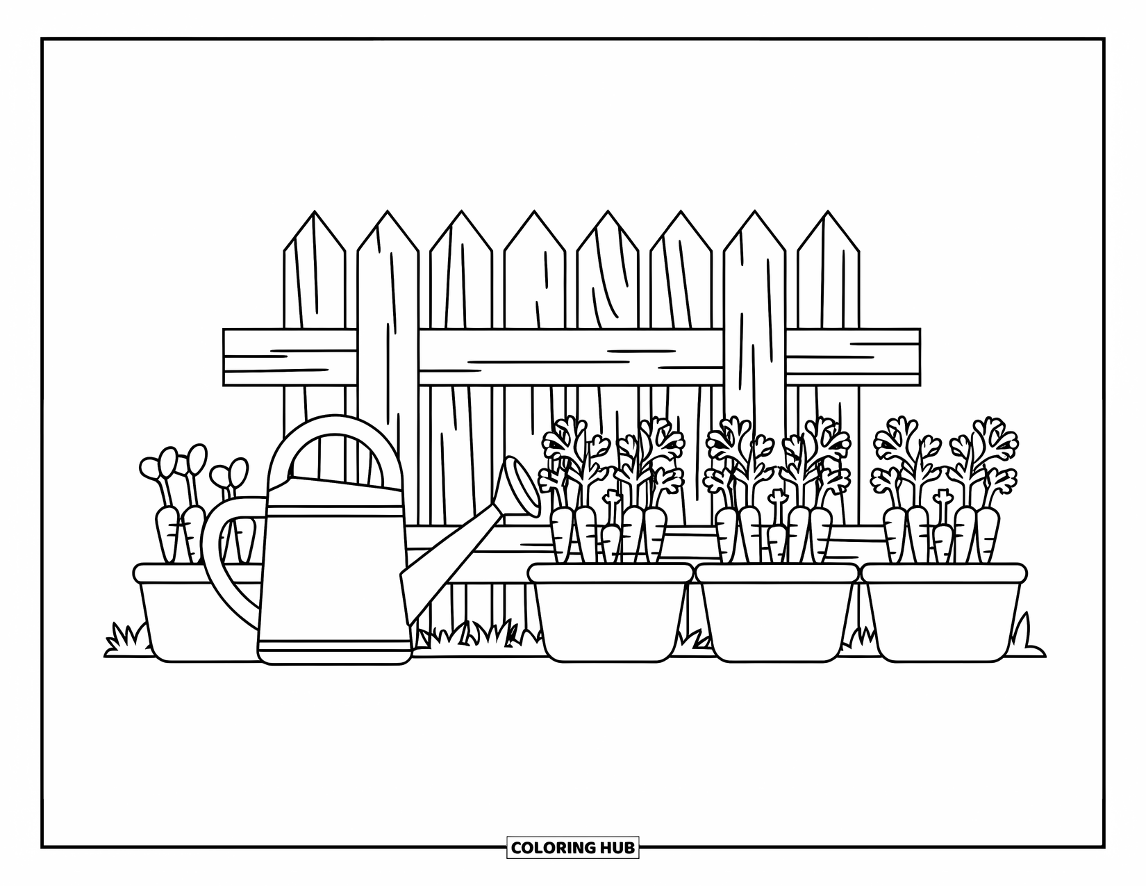 Country Coloring Page for Kids: Flower pots, carrots, and a watering can set against an old wooden fence