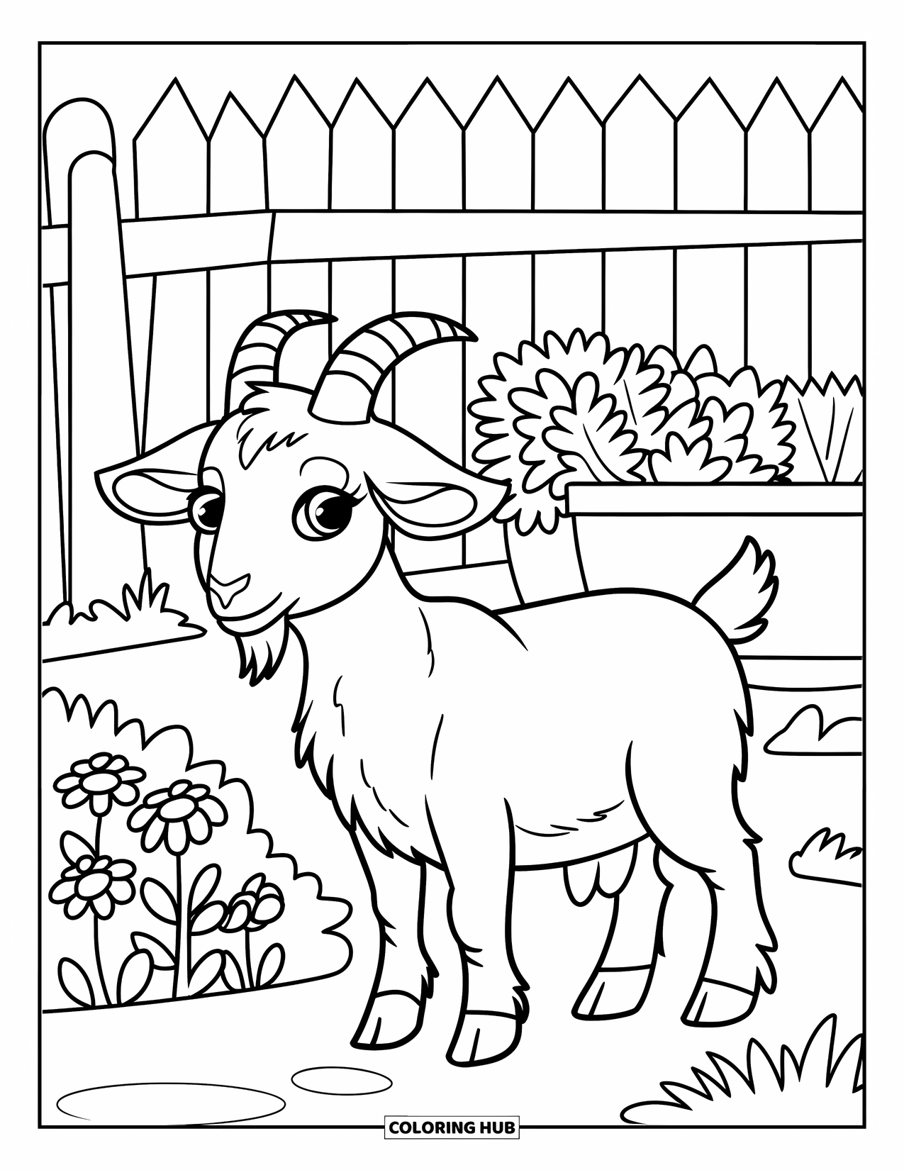 Country Coloring Page for Kids: Goat beside a flower patch with a picket fence and herb pots in the back