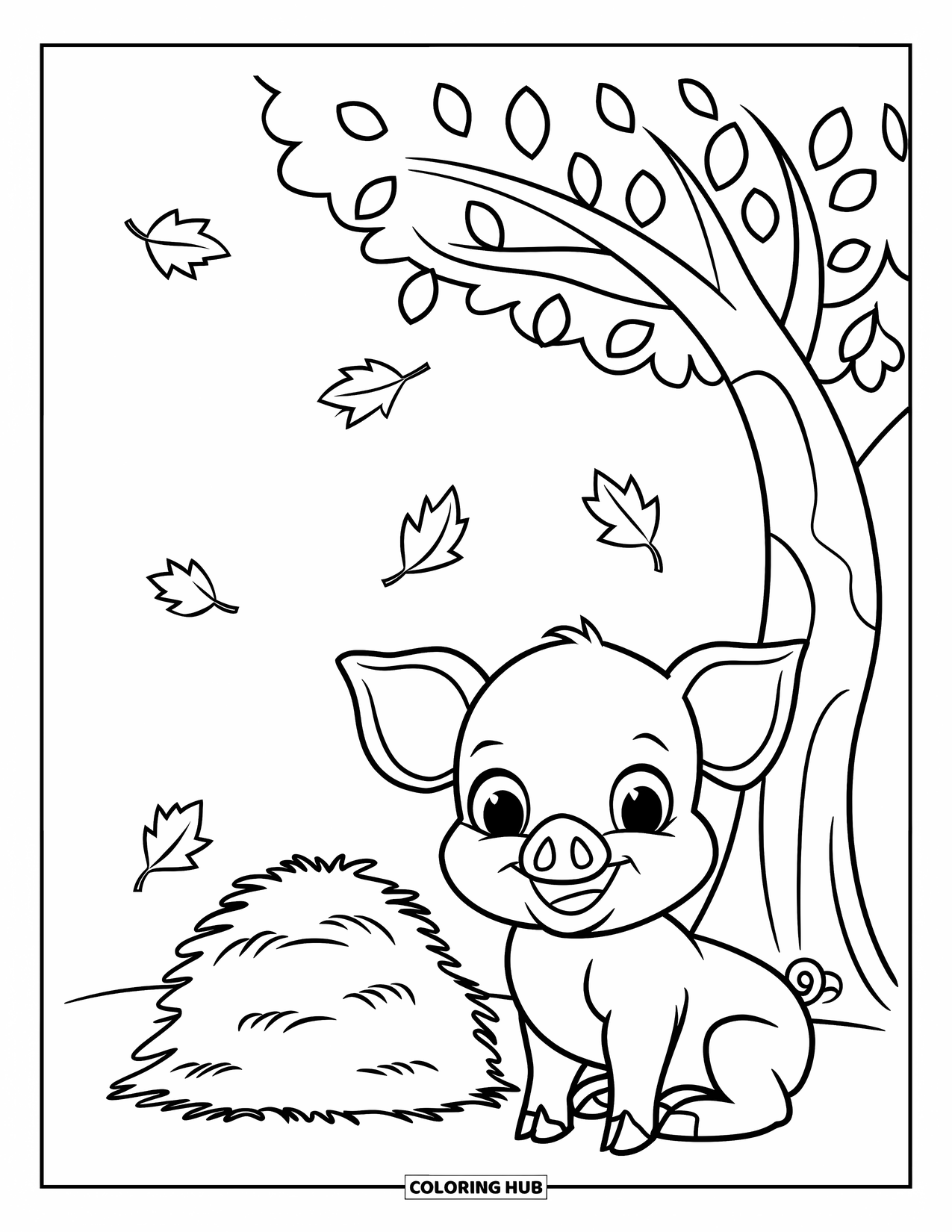 Country Coloring Page for Kids: Happy baby pig by a haystack under a small tree with gentle falling leaves