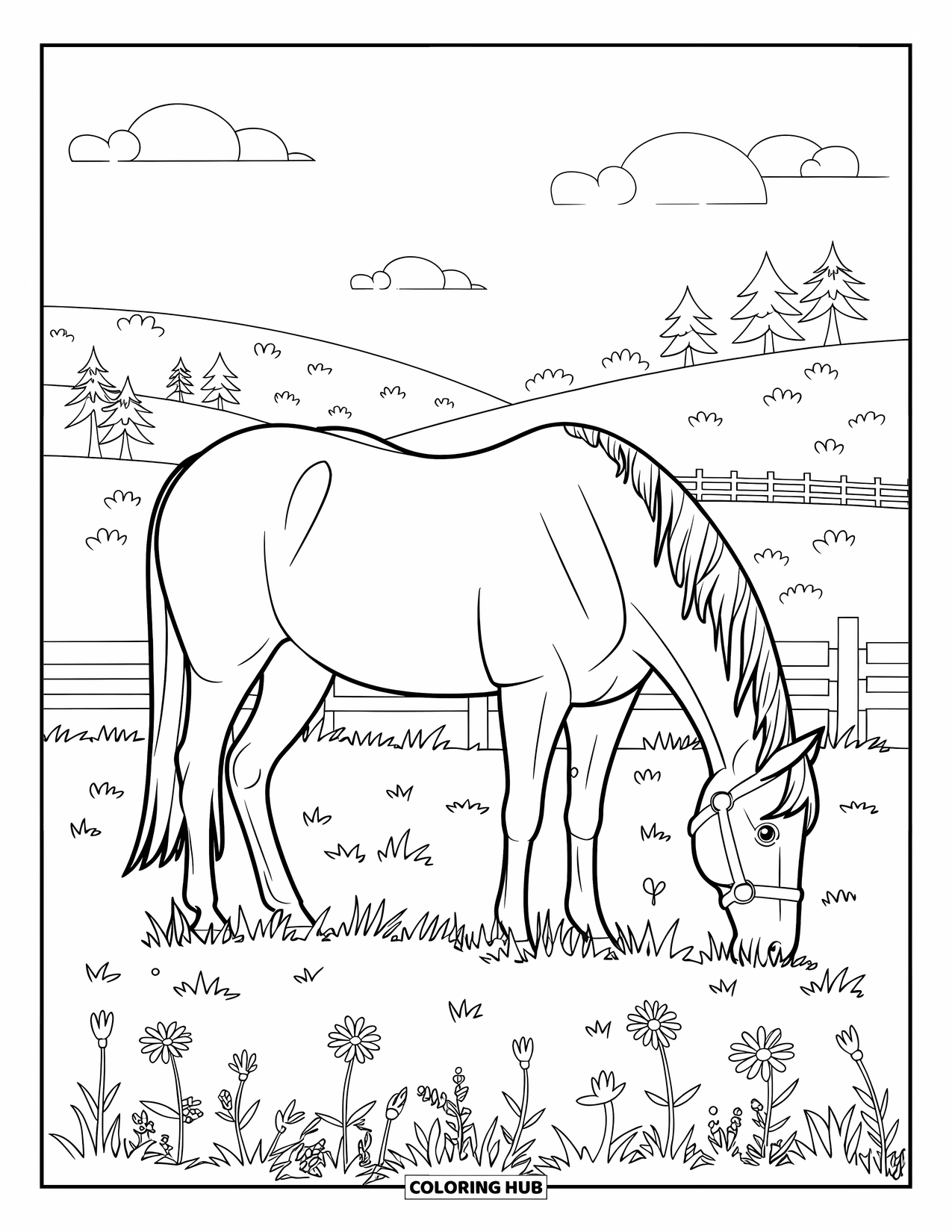 Country Coloring Page for Kids: Horse in a colorful flower meadow with trees, clouds, and wooden fence