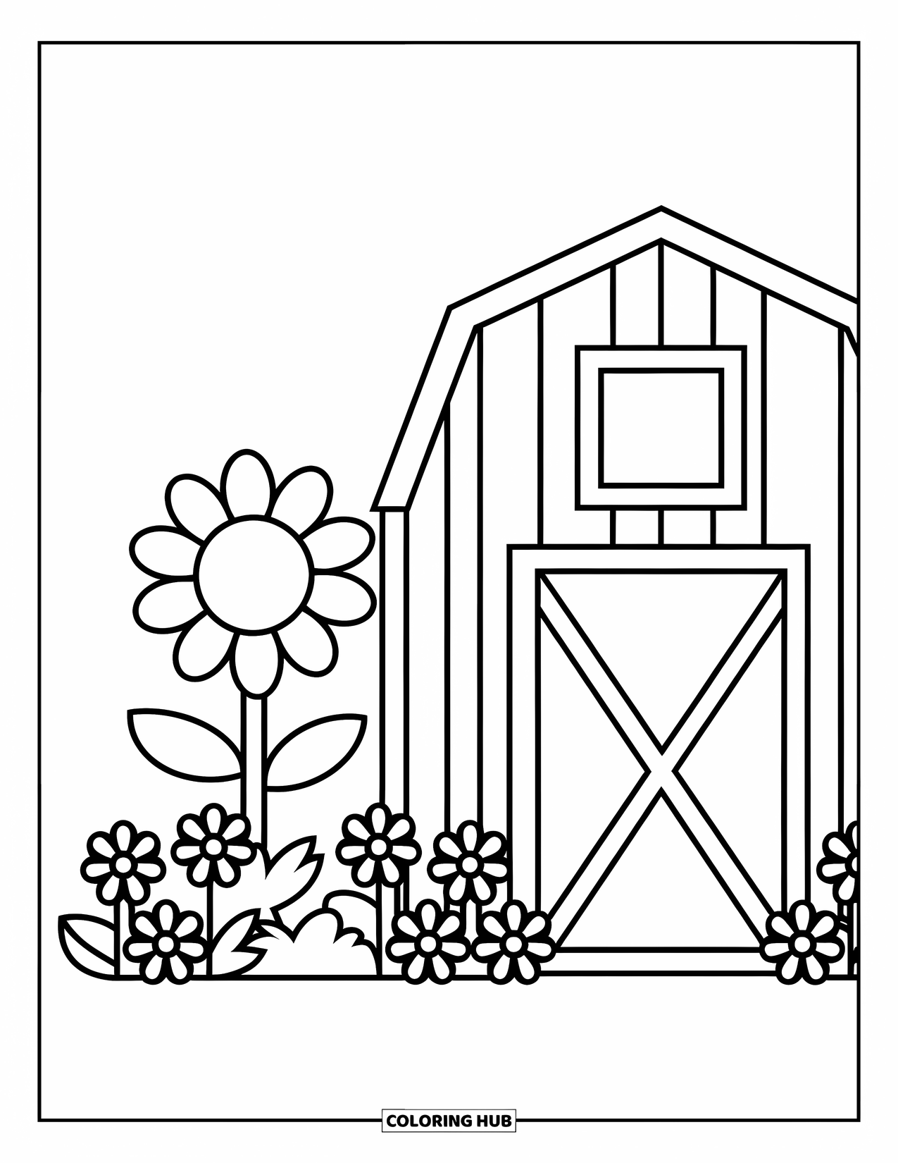 Country Coloring Page for Kids: Little barn with a big sunflower and a bush of happy flowers