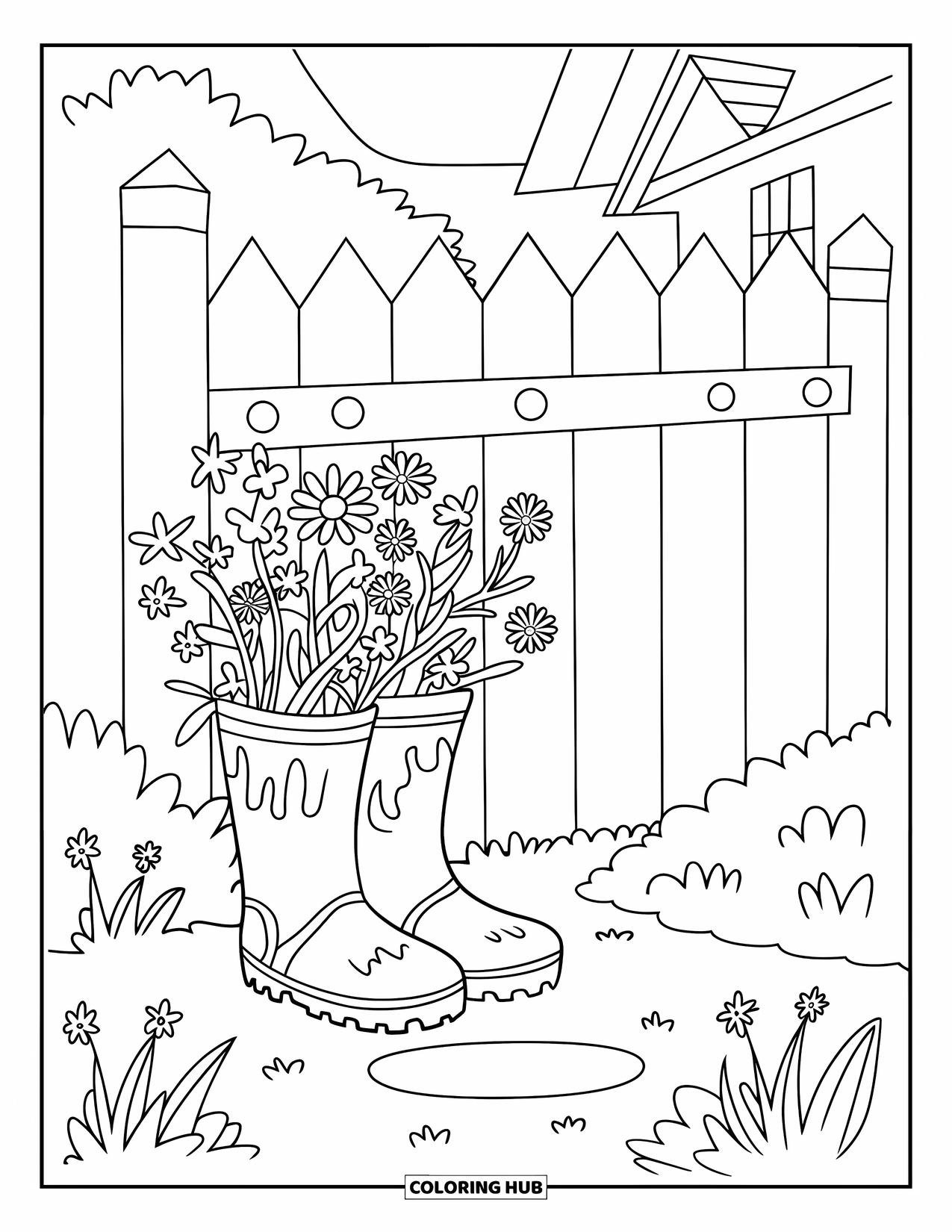 Country Coloring Page for Kids: Muddy boots with wildflowers rest near a garden gate and a cozy house