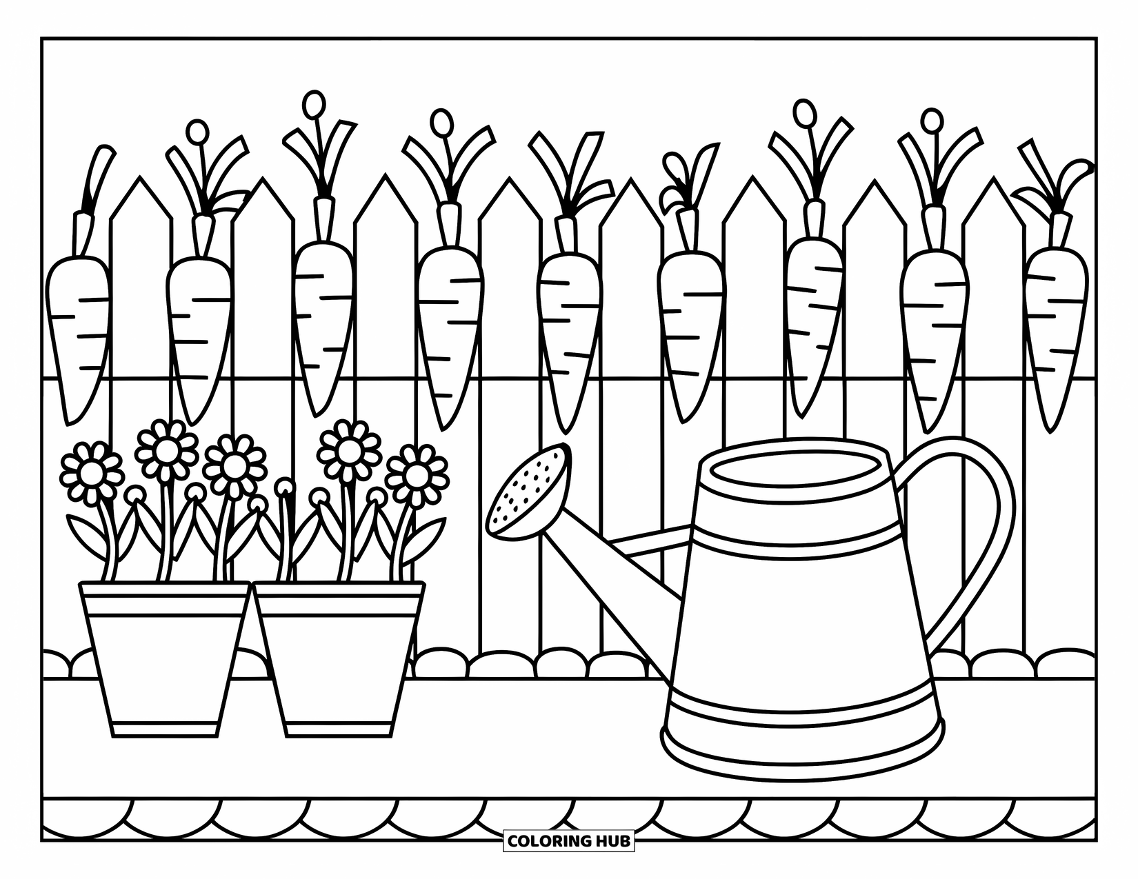 Country Coloring Page for Kids: Rustic garden setup with watering can, flower pots, and carrots by the fence