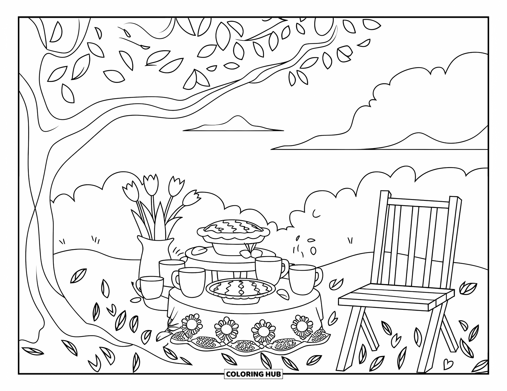 Country Coloring Page for Kids: Rustic tea corner with a wooden chair, mugs, and flowers beneath a cloudy sky