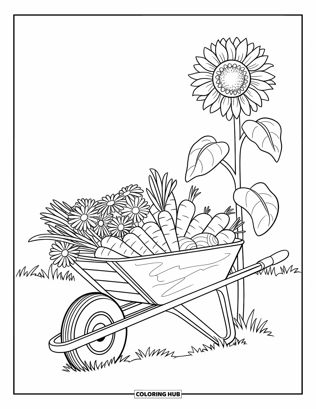 Country Coloring Page for Kids: Rusty-handled wheelbarrow with carrots and flowers sits in a grassy field