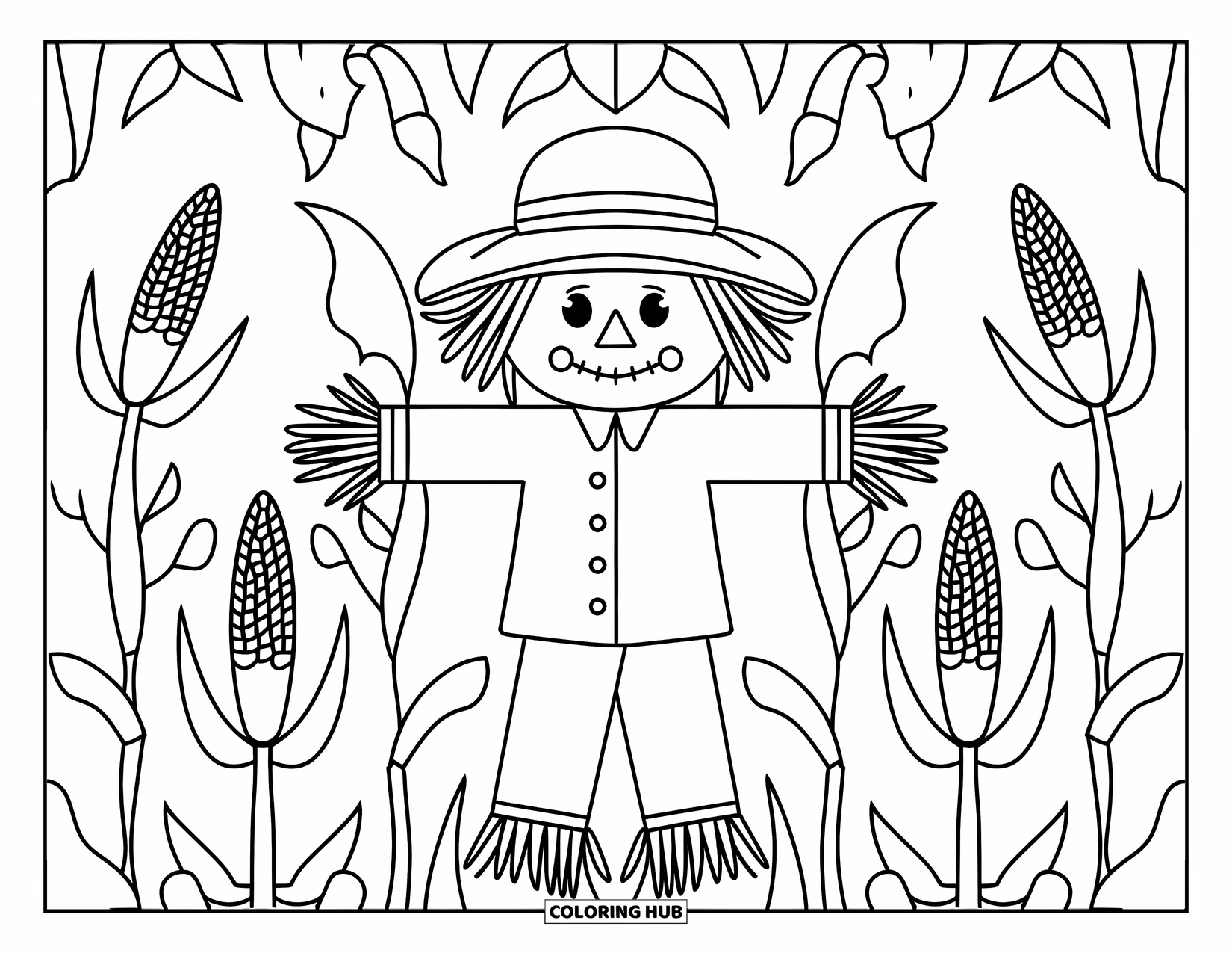 Country Coloring Page for Kids: Scarecrow surrounded by corn stalks in a wide open field