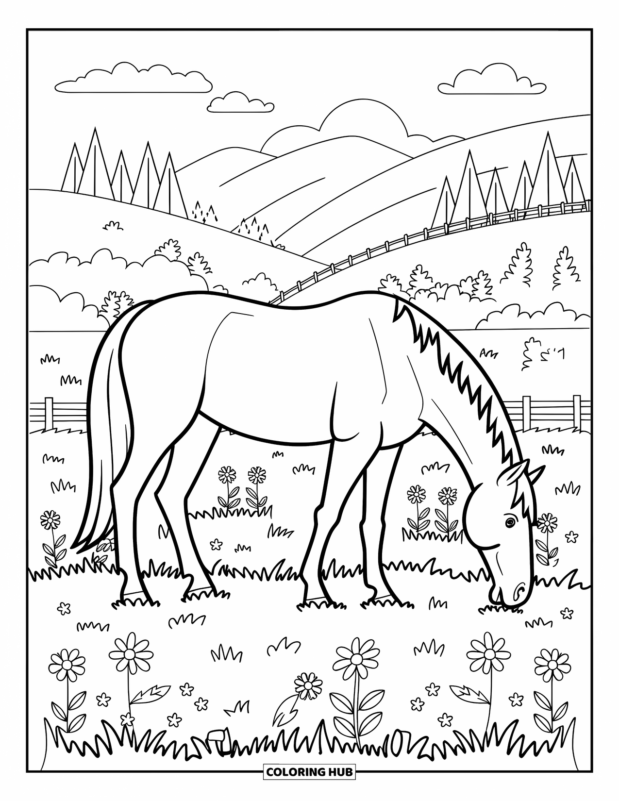 Country Coloring Page for Kids: Serene horse in a flowery field with hills, fences, and a clear sky