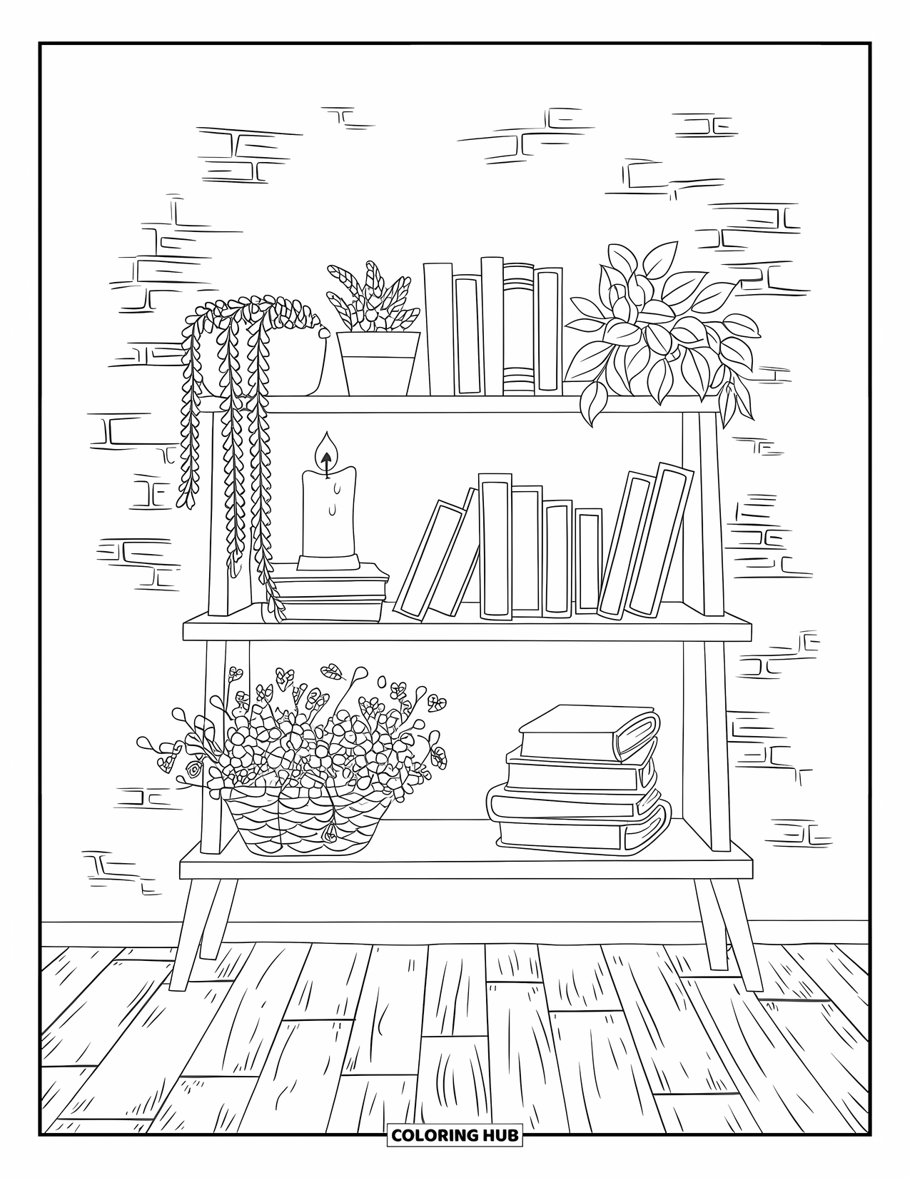 Country Coloring Page for Kids: Shelf with books and a candle glowing softly on wooden floors
