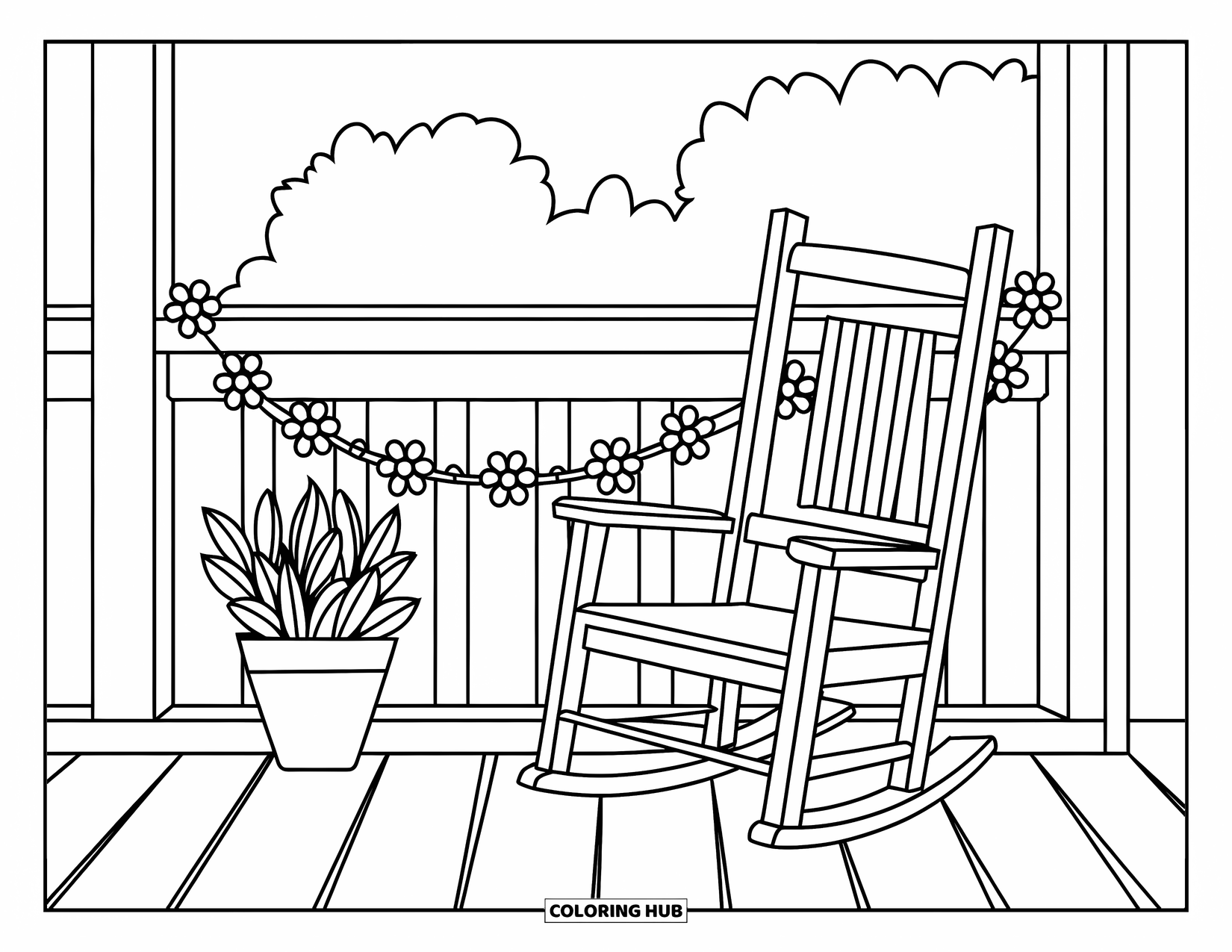 Country Coloring Page for Kids: Small rocking chair and potted plant on a porch with flower garland