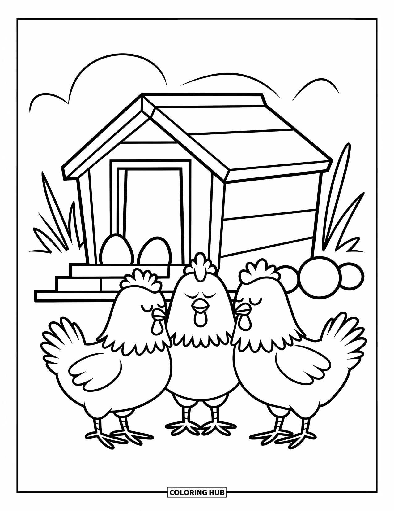 Country Coloring Page for Kids: Snuggly chickens rest near a coop and some scattered eggs