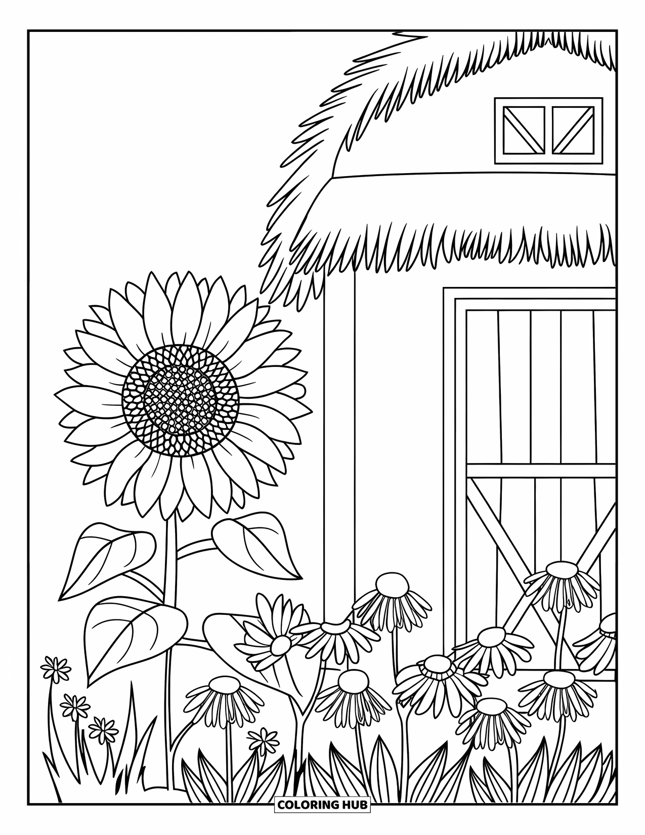 Country Coloring Page for Kids: Thatched barn with a sunflower and flowers blooming near the door