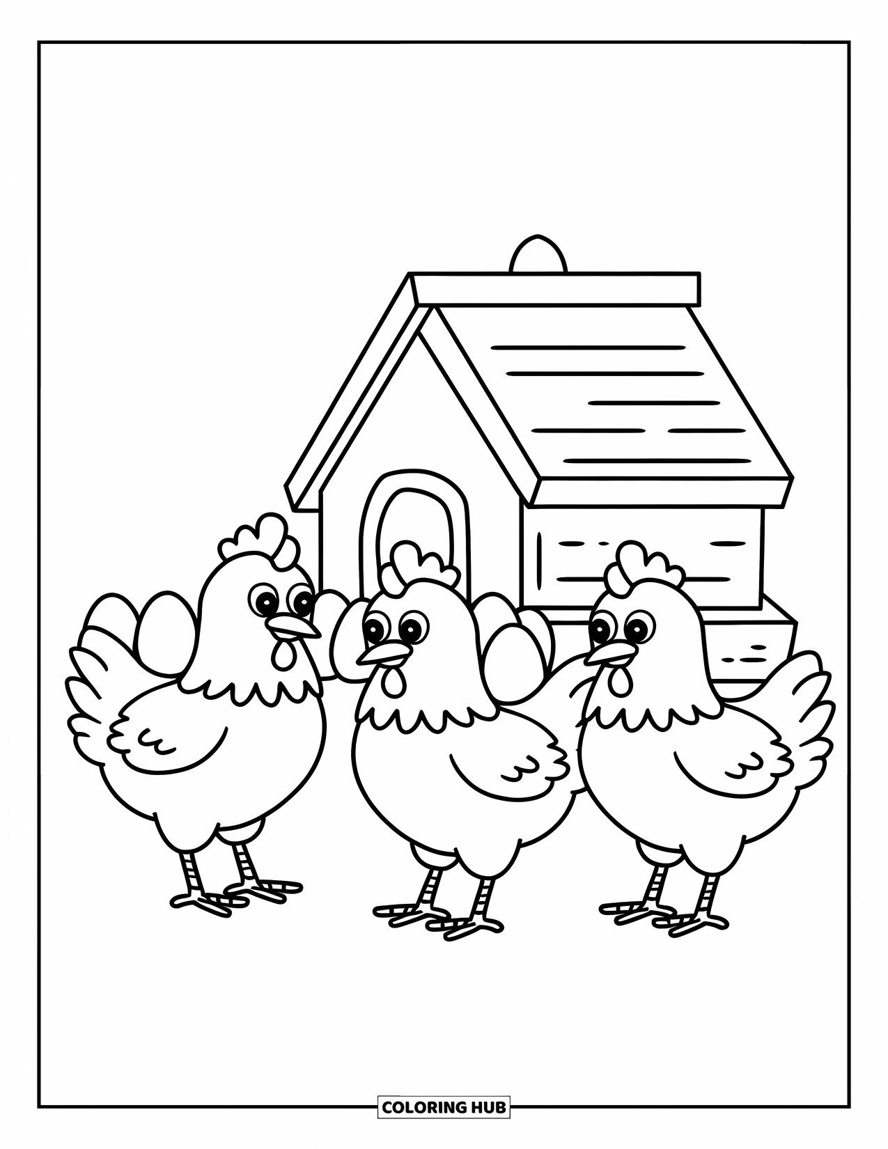 Country Coloring Page for Kids: Three cozy chickens near a simple coop and a few eggs