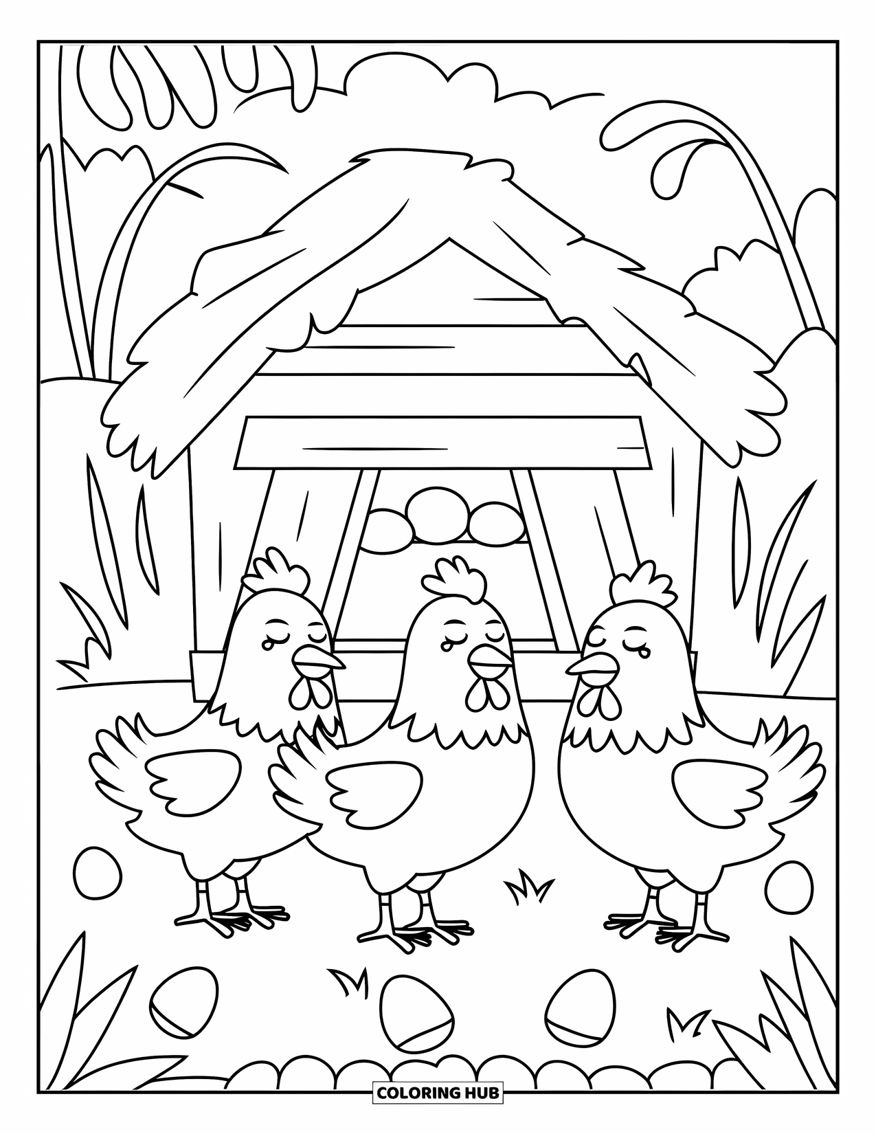 Country Coloring Page for Kids: Three peaceful chickens near a coop, eggs, and plants