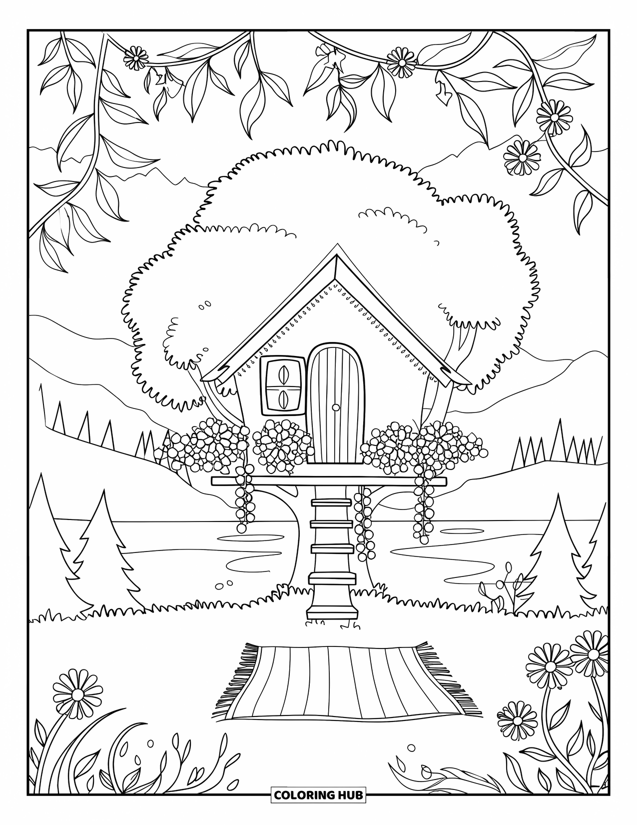 Country Coloring Page for Kids: Treehouse wrapped in vines with a picnic blanket underneath and a peaceful view