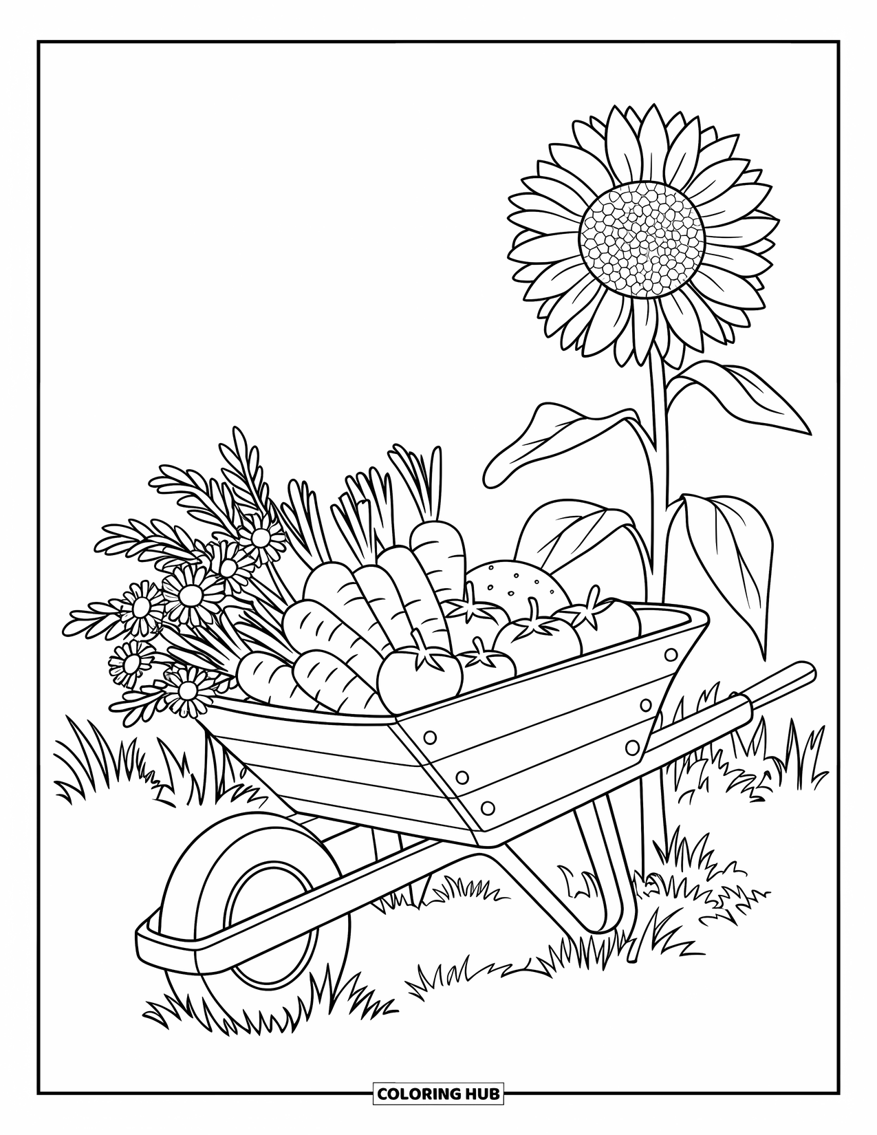 Country Coloring Page for Kids: Veggie-filled wheelbarrow with daisies and a sunflower sits in grassy surroundings