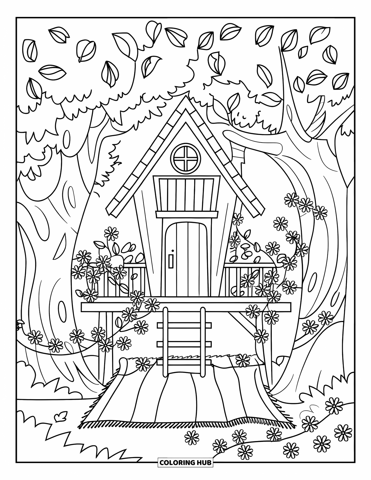 Country Coloring Page for Kids: Vine-covered treehouse with a ladder and picnic blanket under leafy trees