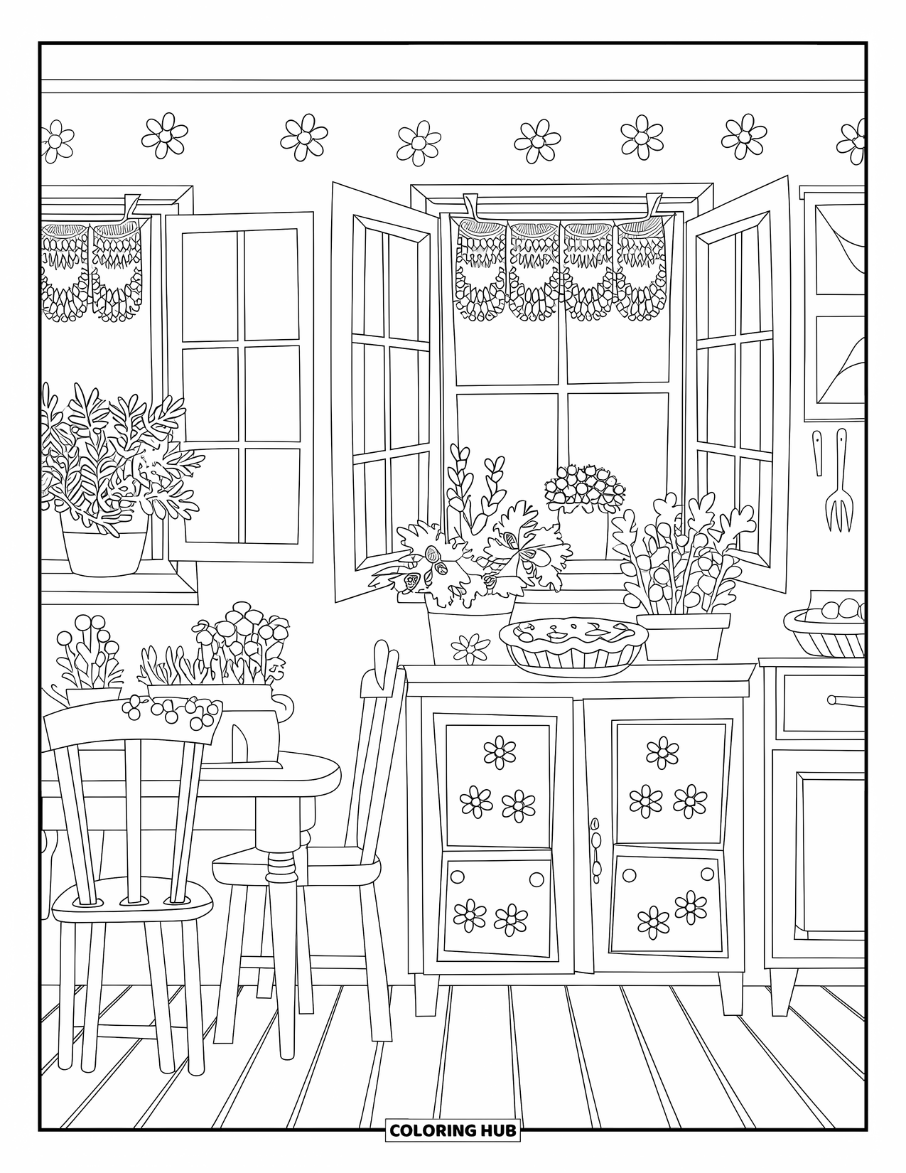 Country Coloring Page for Kids: Warm kitchen with herbs, pie, and flower prints on curtains and walls