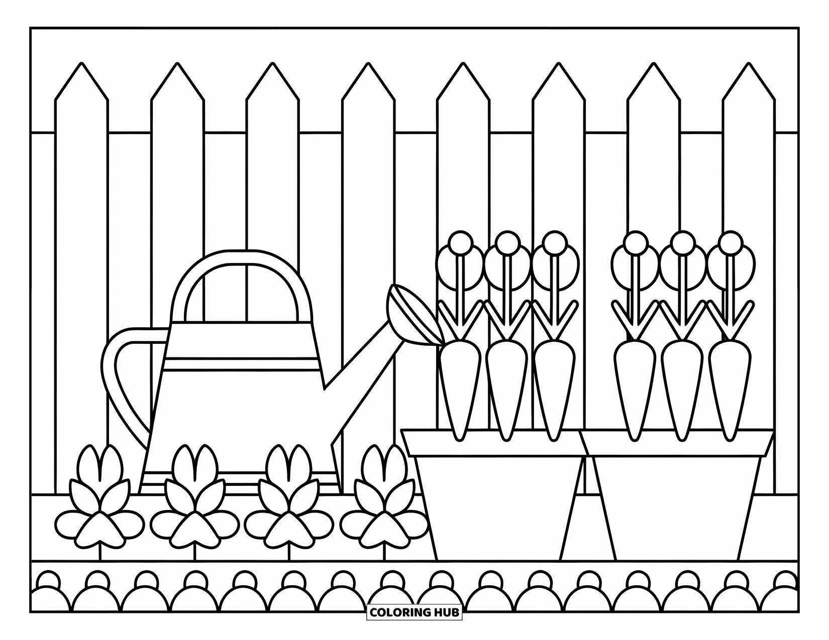 Country Coloring Page for Kids: Watering can, flower pots, and carrots growing behind a rustic wooden fence