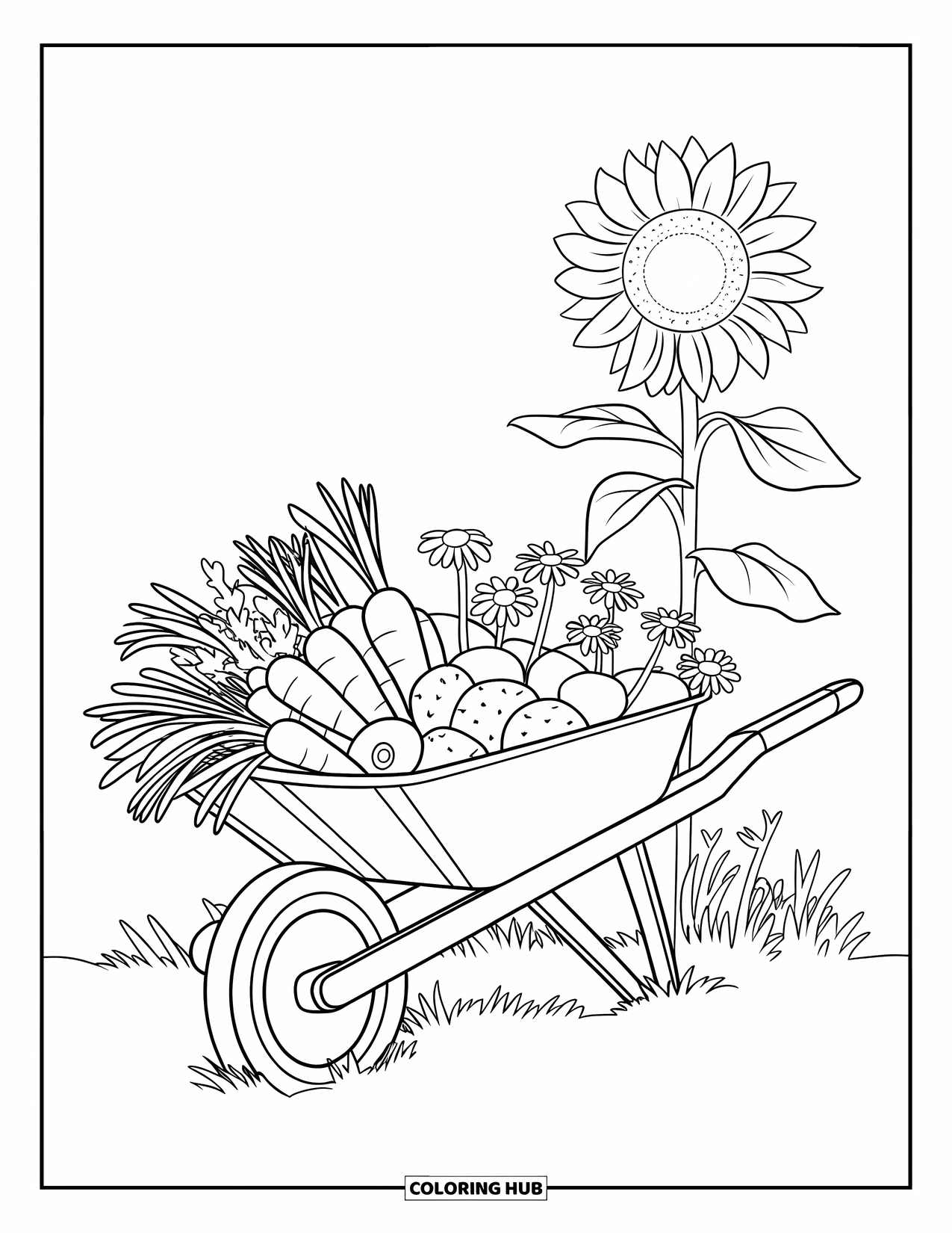 Country Coloring Page for Kids: Wheelbarrow full of veggies and daisies stands beside a blooming sunflower in a field