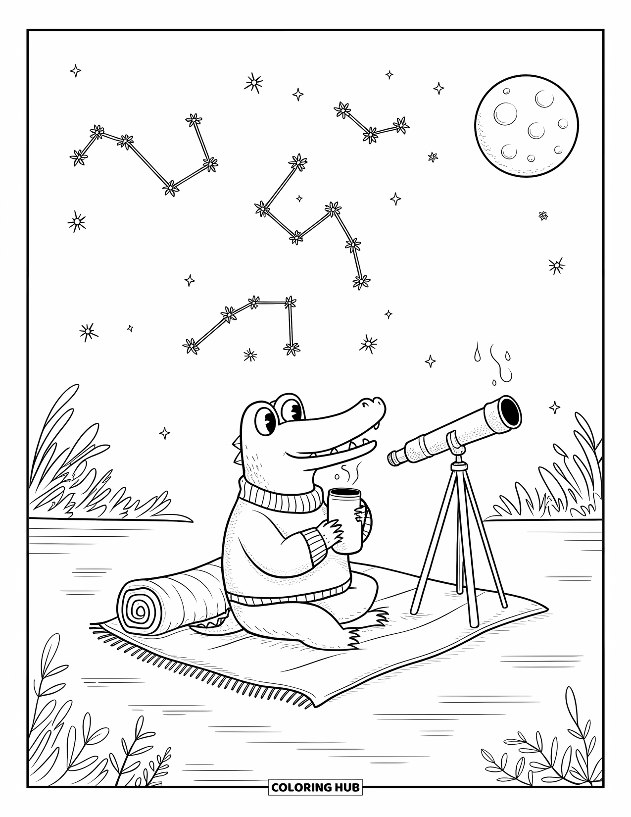 Disegno da colorare di un coccodrillo per adulti: Un coccodrillo accogliente guarda le costellazioni con una bevanda calda e un telescopio