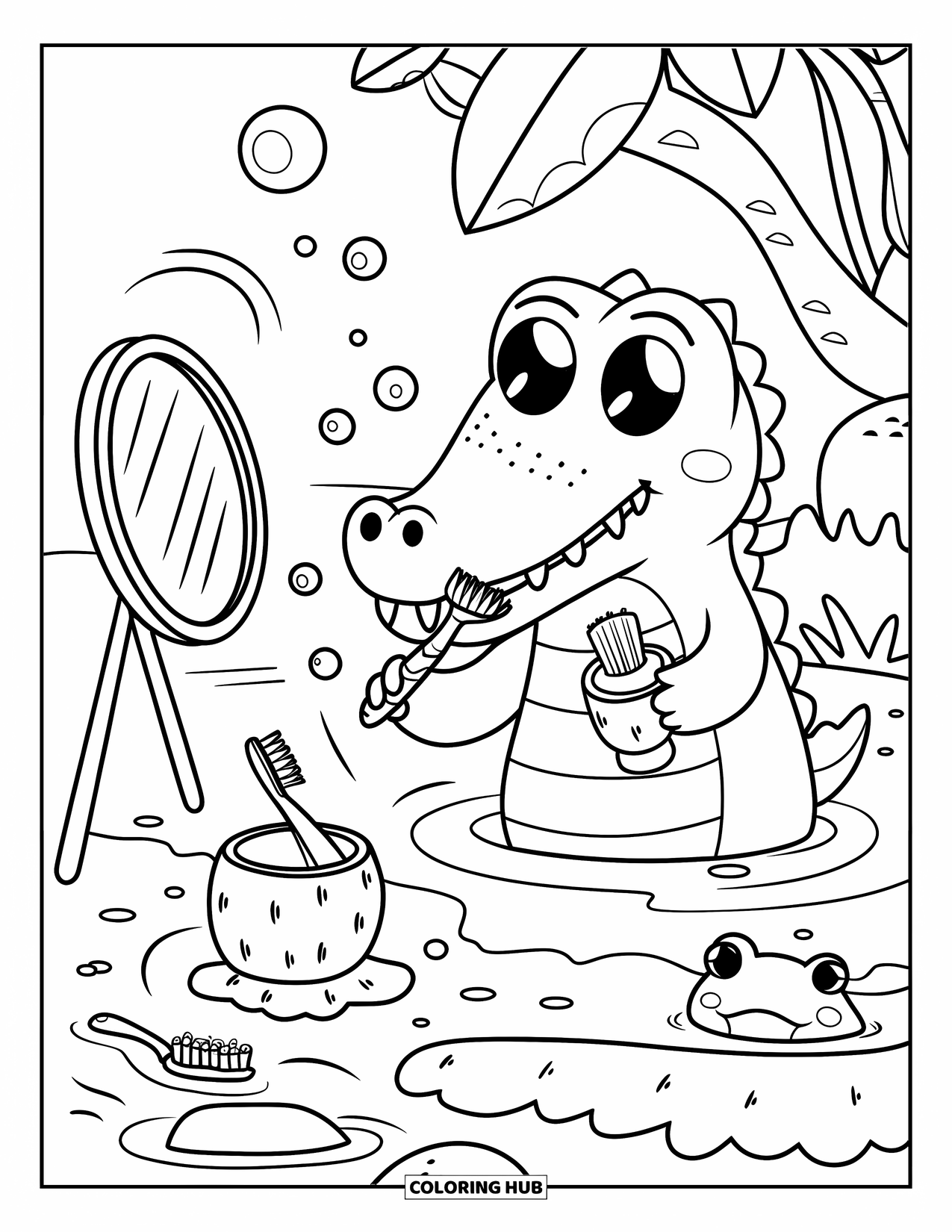 Disegno da colorare di un coccodrillo per adulti: Un coccodrillo si lava i denti con uno spazzolino di bambù e un porta spazzolino a forma di rana vicino al fiume