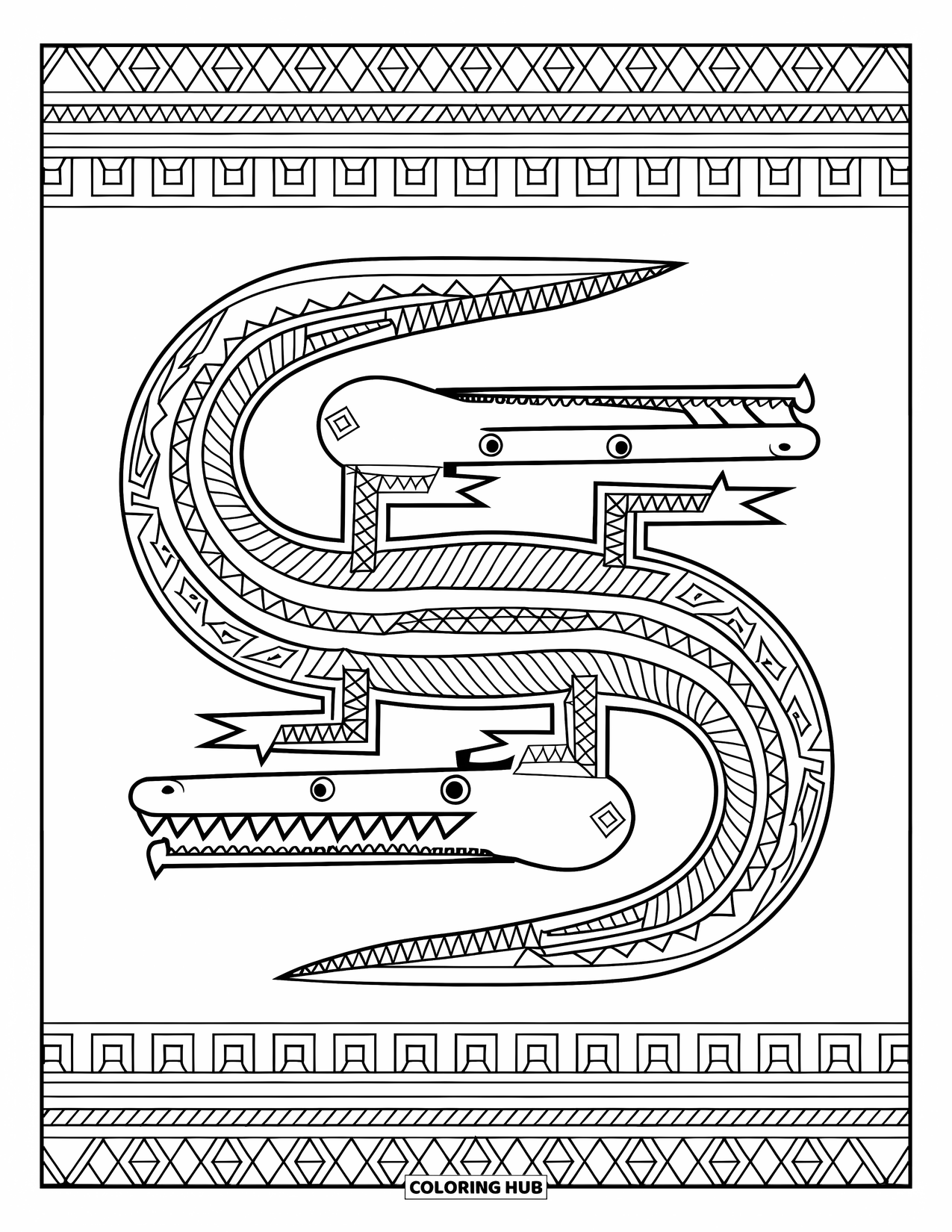 Disegno da colorare di un coccodrillo per adulti: Il design del coccodrillo si mescola con forme tribali in un layout simmetrico e ricco di motivi
