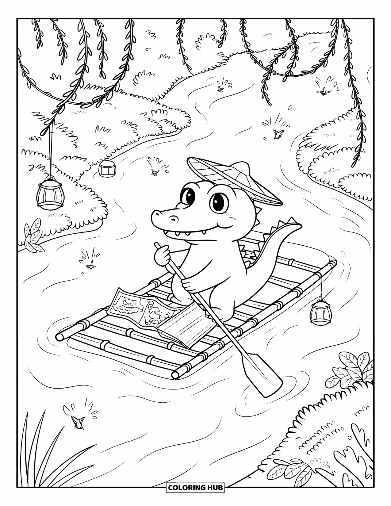 Disegno da colorare di un coccodrillo per adulti: Un coccodrillo galleggia pacificamente su una zattera con un cappello di foglie, lucciole e viti sporgenti