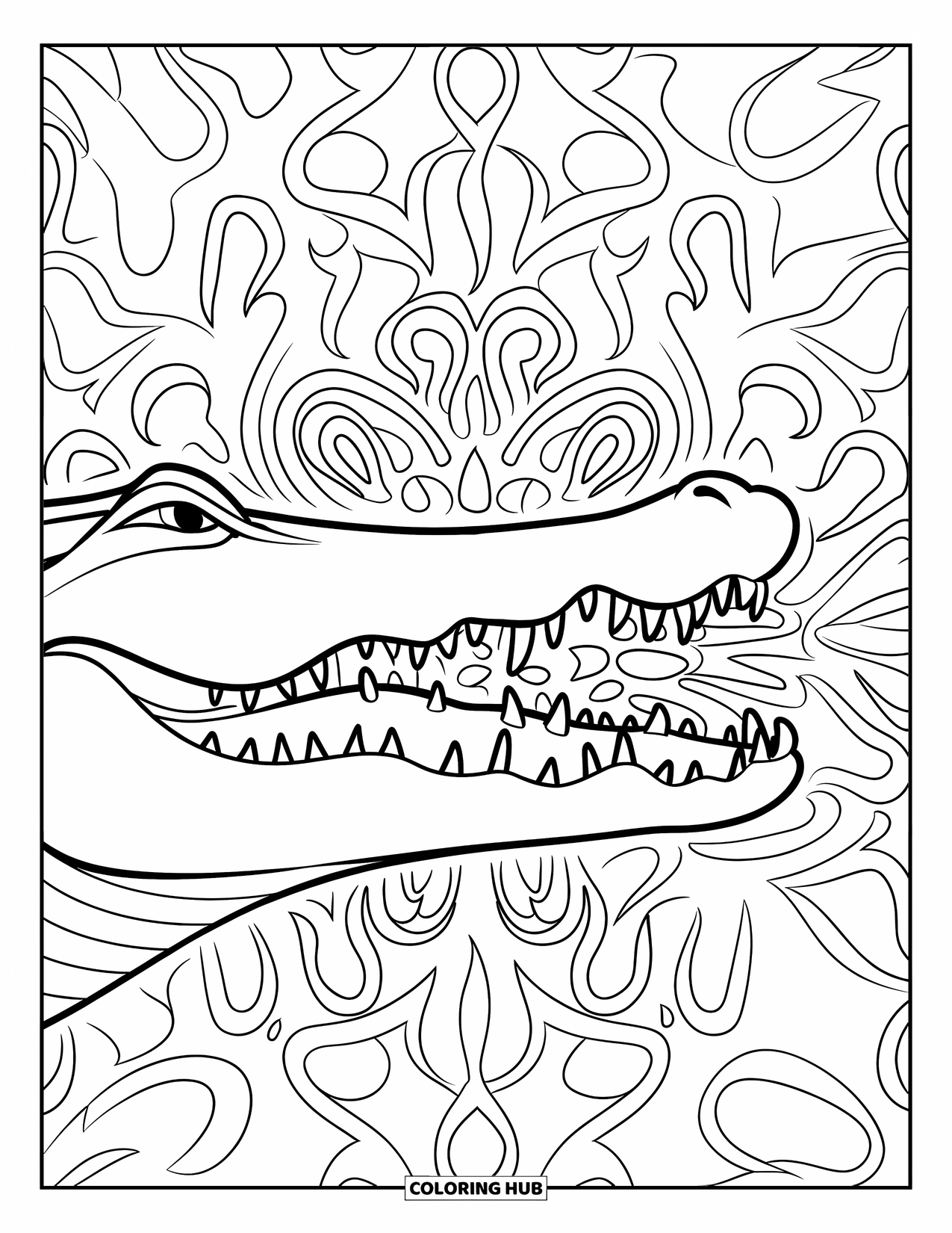 Disegno da colorare di un coccodrillo per adulti: Il volto di un coccodrillo con fauci aperte è posto su sfondi decorati e vorticosi