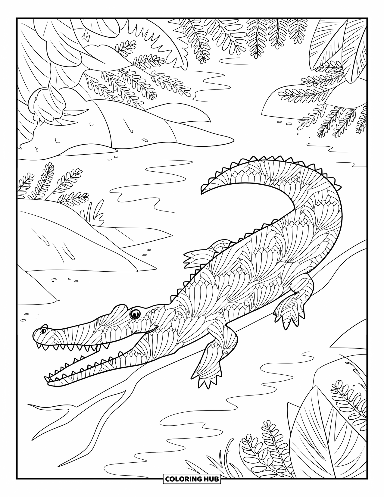 Disegno da colorare di un coccodrillo per adulti: Un coccodrillo riempito con motivi fluviali giace su un ramo sull'acqua