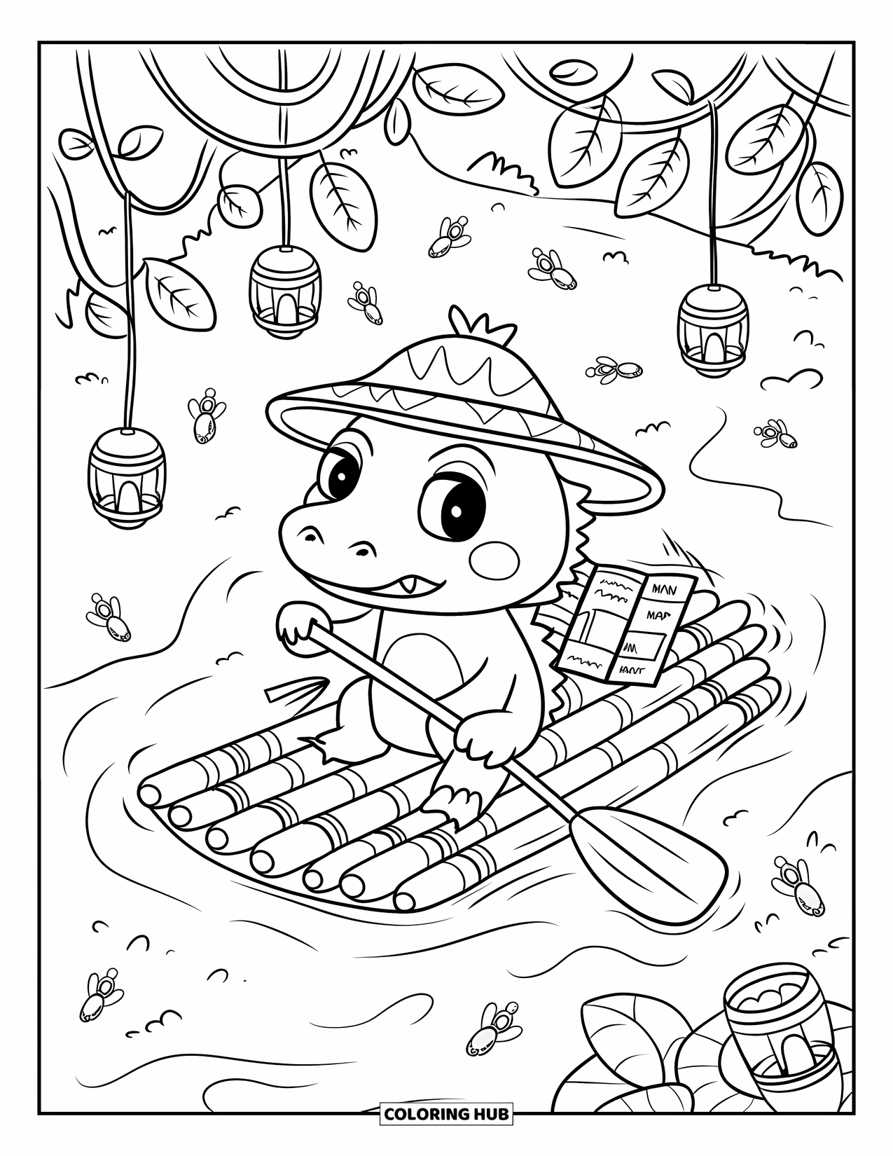 Disegno da colorare di un coccodrillo per adulti: Un coccodrillo galleggia su una zattera di bambù indossando un cappello di foglie, circondato da lanterne e lucciole