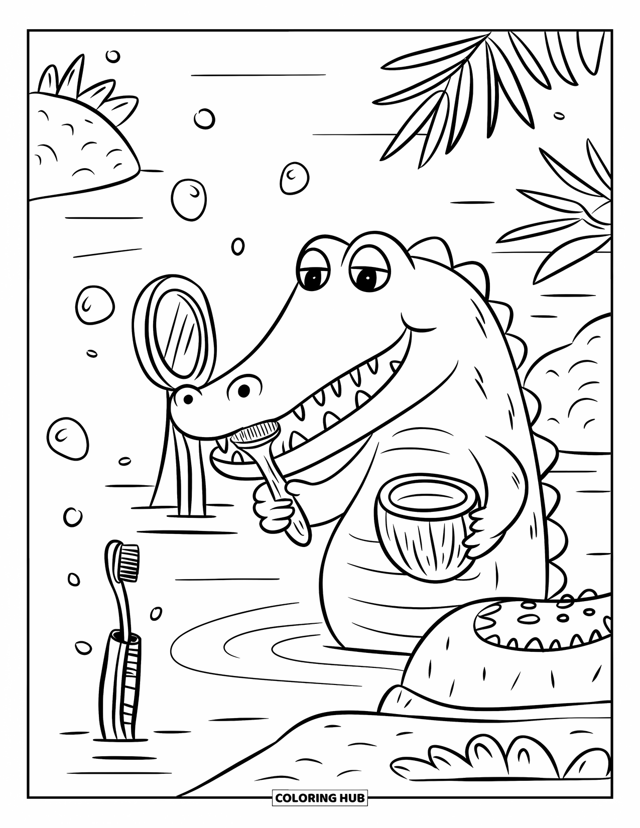 Disegno da colorare di coccodrillo per adulti: Un coccodrillo si lava felicemente i denti accanto a uno specchio di roccia e delicate bolle di fiume