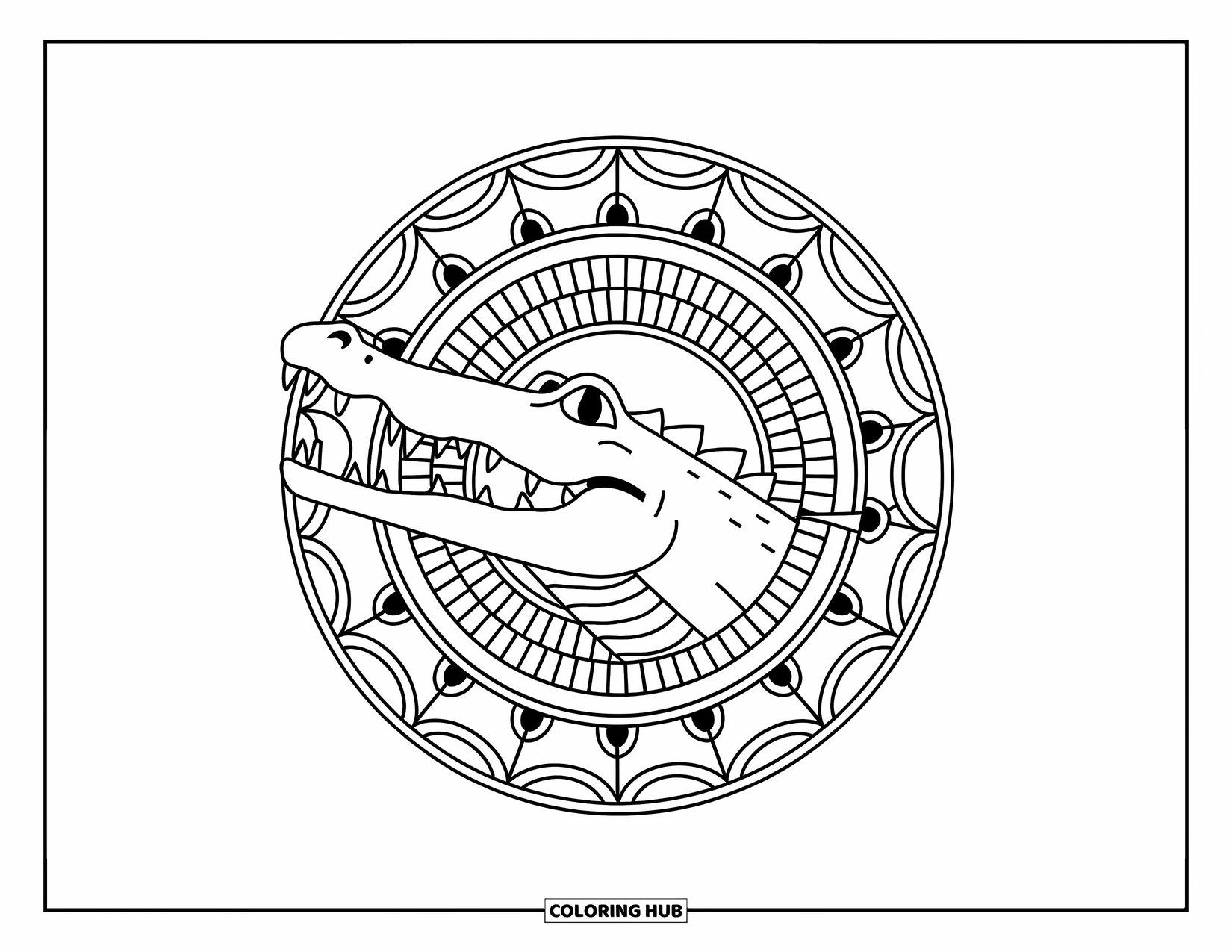 Disegno da colorare di un coccodrillo per adulti: La testa di un coccodrillo emerge da un mandala circolare con foglie e squame ripetute