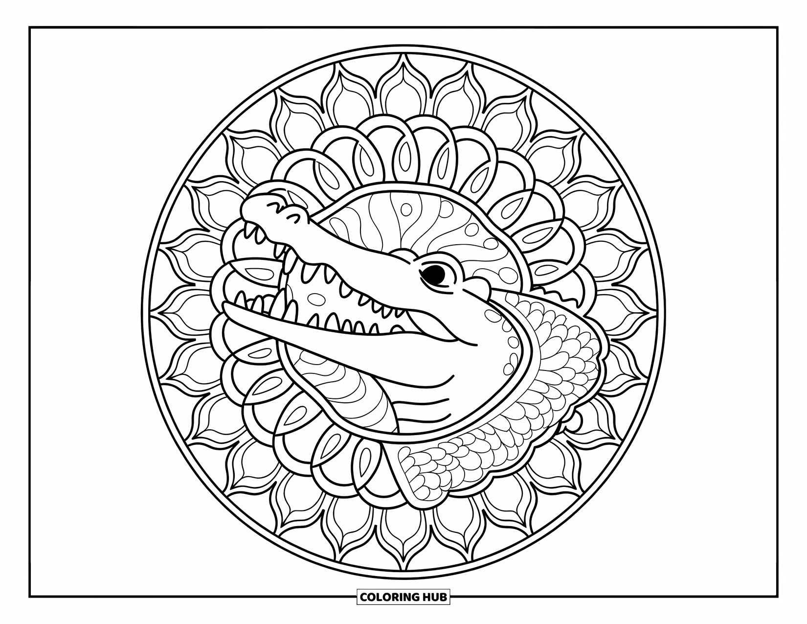 Disegno da colorare di un coccodrillo per adulti: La testa di un coccodrillo sbircia da un mandala pieno di motivi fogliari simili a squame