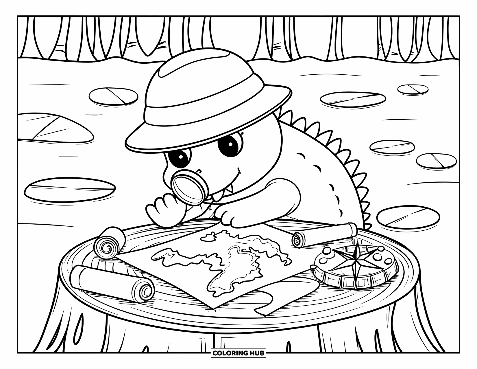 Disegno da colorare di un coccodrillo per adulti: Un coccodrillo in una foresta paludosa studia una mappa del tesoro con pergamene e una bussola di ciottoli