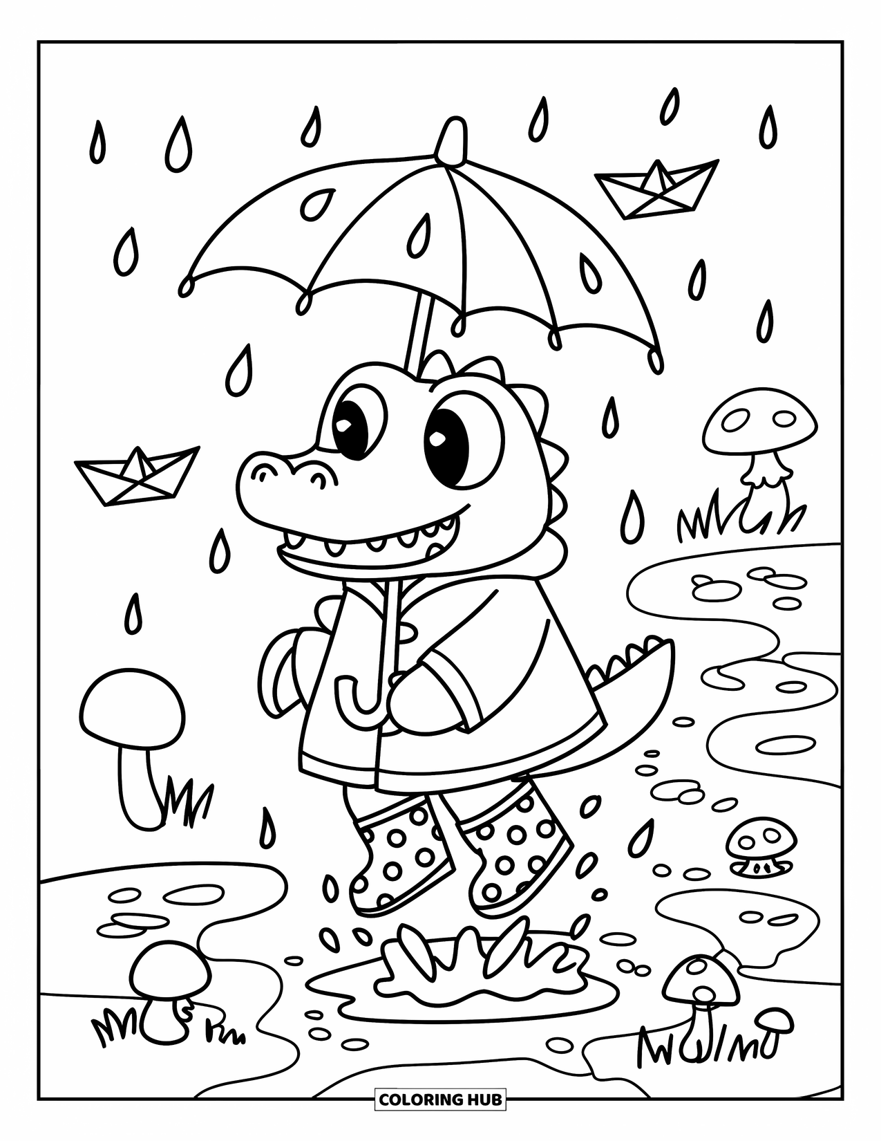 Disegno da colorare di un coccodrillo per adulti: Un coccodrillo con gli stivali salta nelle pozzanghere con gocce di pioggia, funghi e barchette di carta intorno