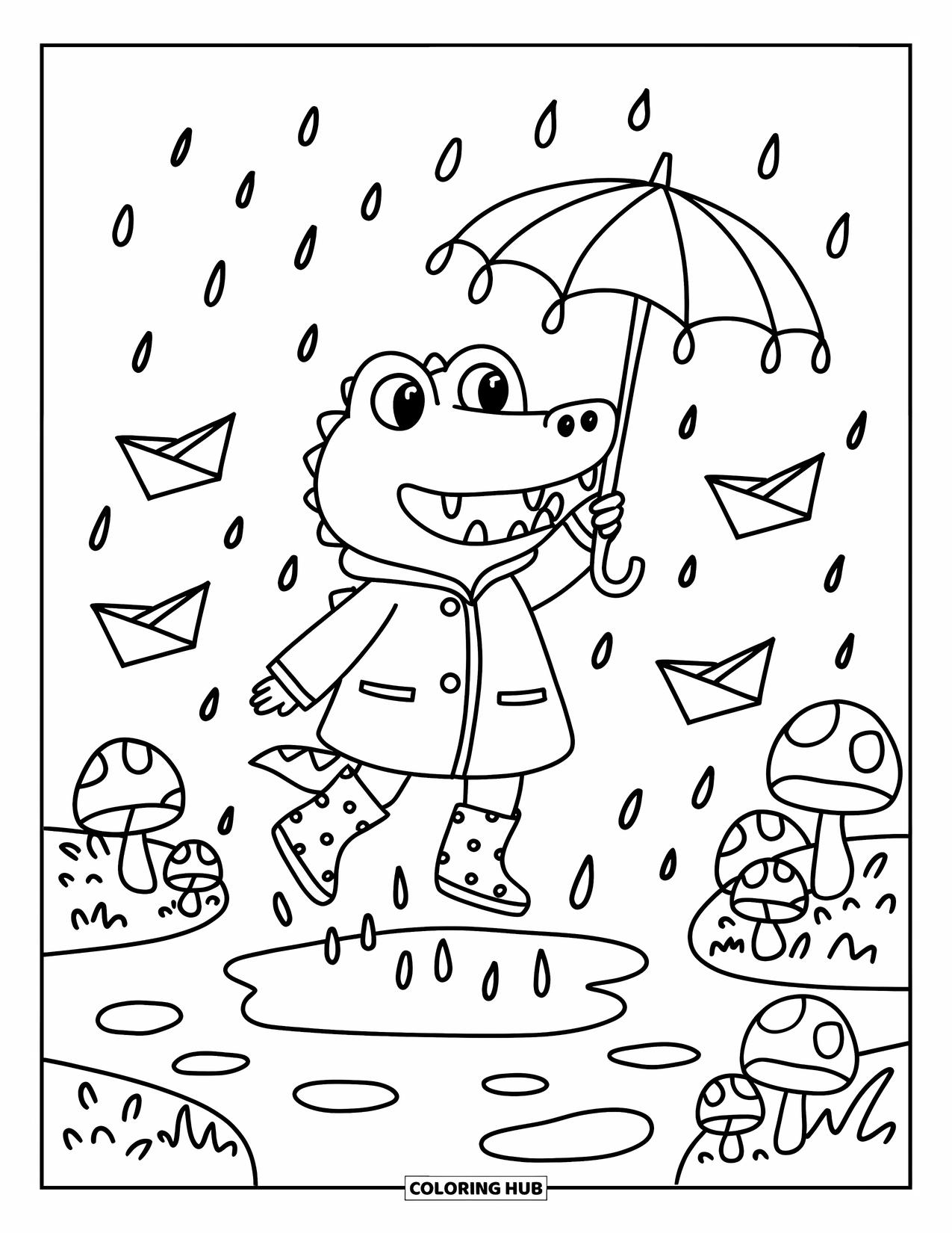 Disegno da colorare di un coccodrillo per adulti: Un coccodrillo salta in una pozzanghera indossando stivali da pioggia e un ombrello a forma di foglia