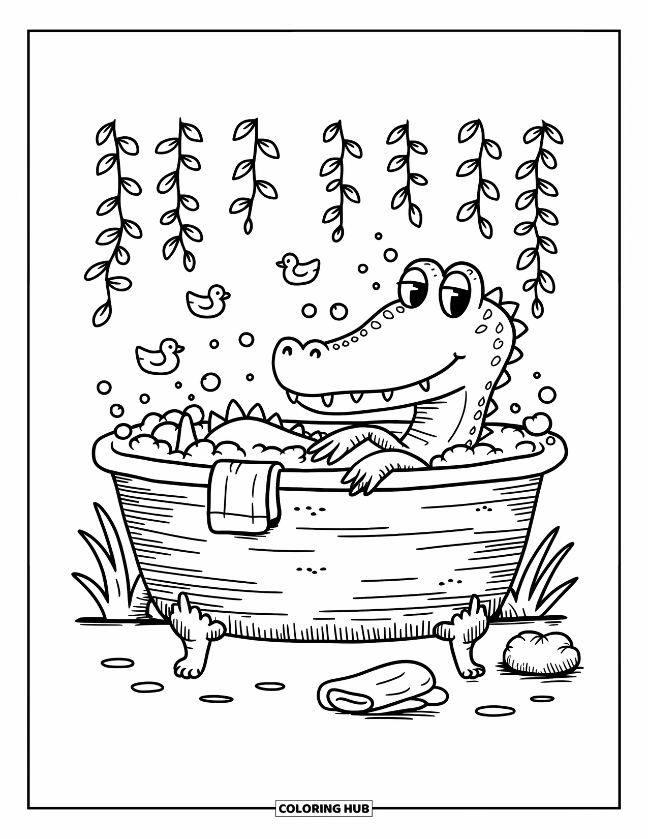 Disegno da colorare di coccodrillo per adulti: Un coccodrillo si rilassa in un bagno di bolle con paperelle di gomma e un asciugamano piegato nelle vicinanze