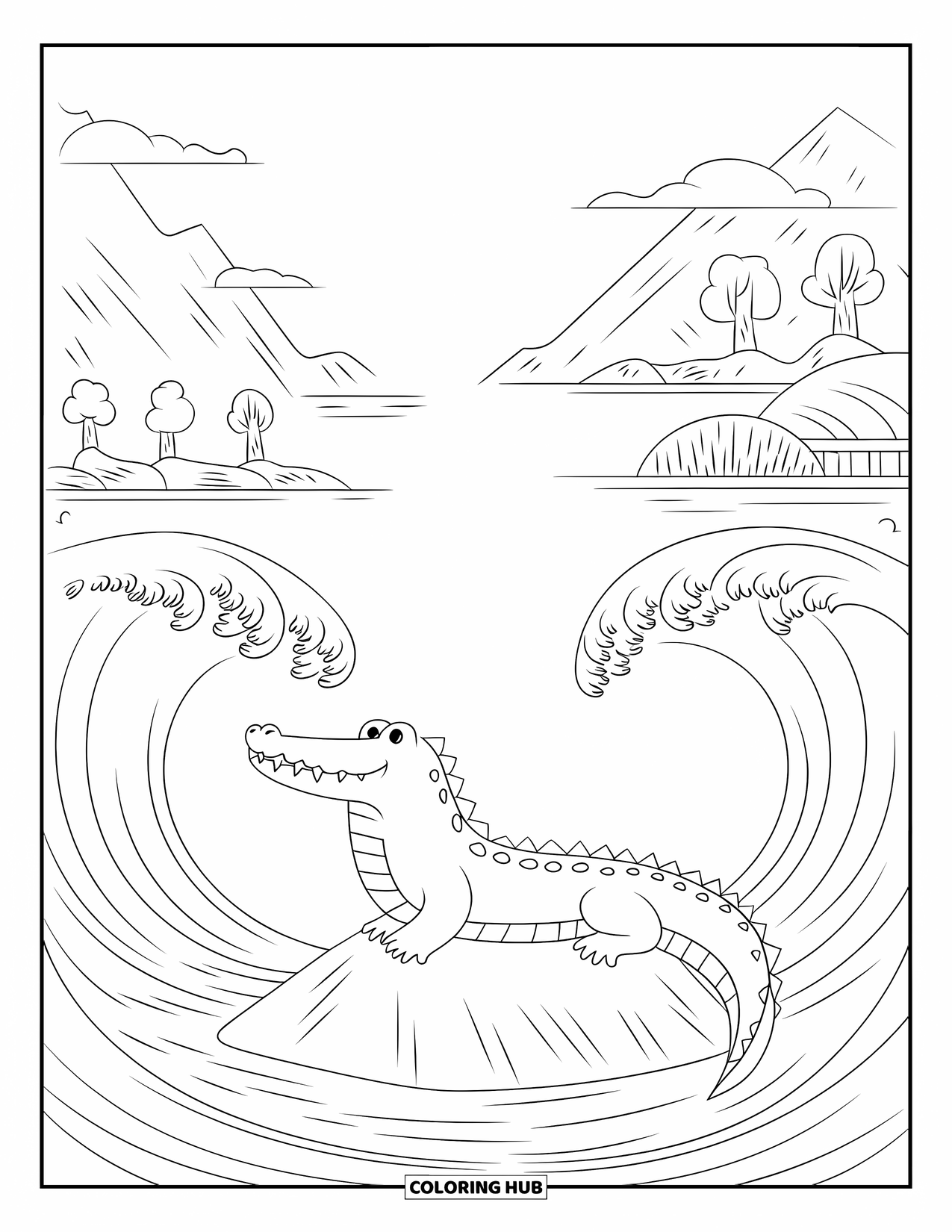 Disegno da colorare di un coccodrillo per adulti: Un coccodrillo su una roccia è circondato da onde, montagne, alberi e un ponte