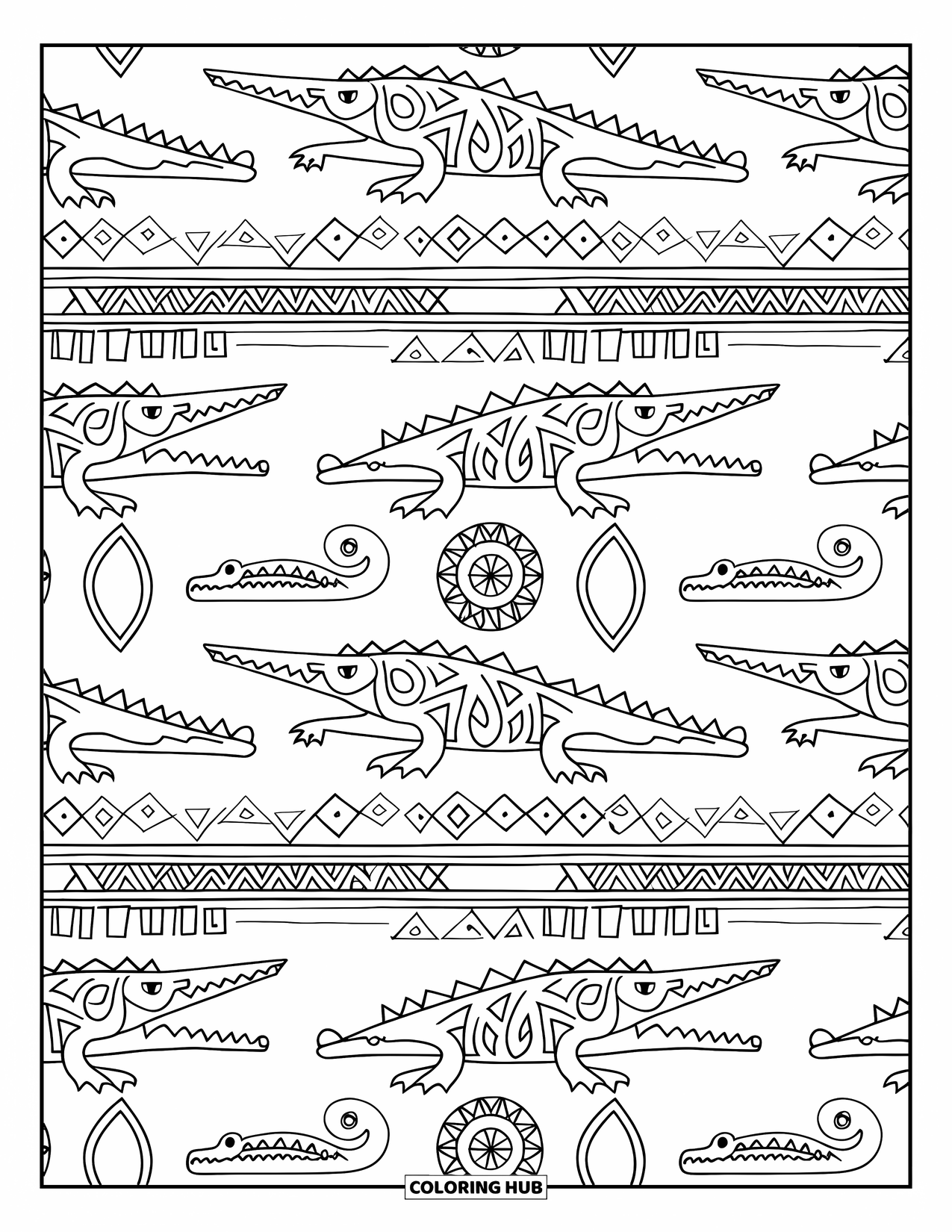 Disegno da colorare di un coccodrillo per adulti: I motivi del coccodrillo sono intrecciati in forme tribali e geometriche ripetute