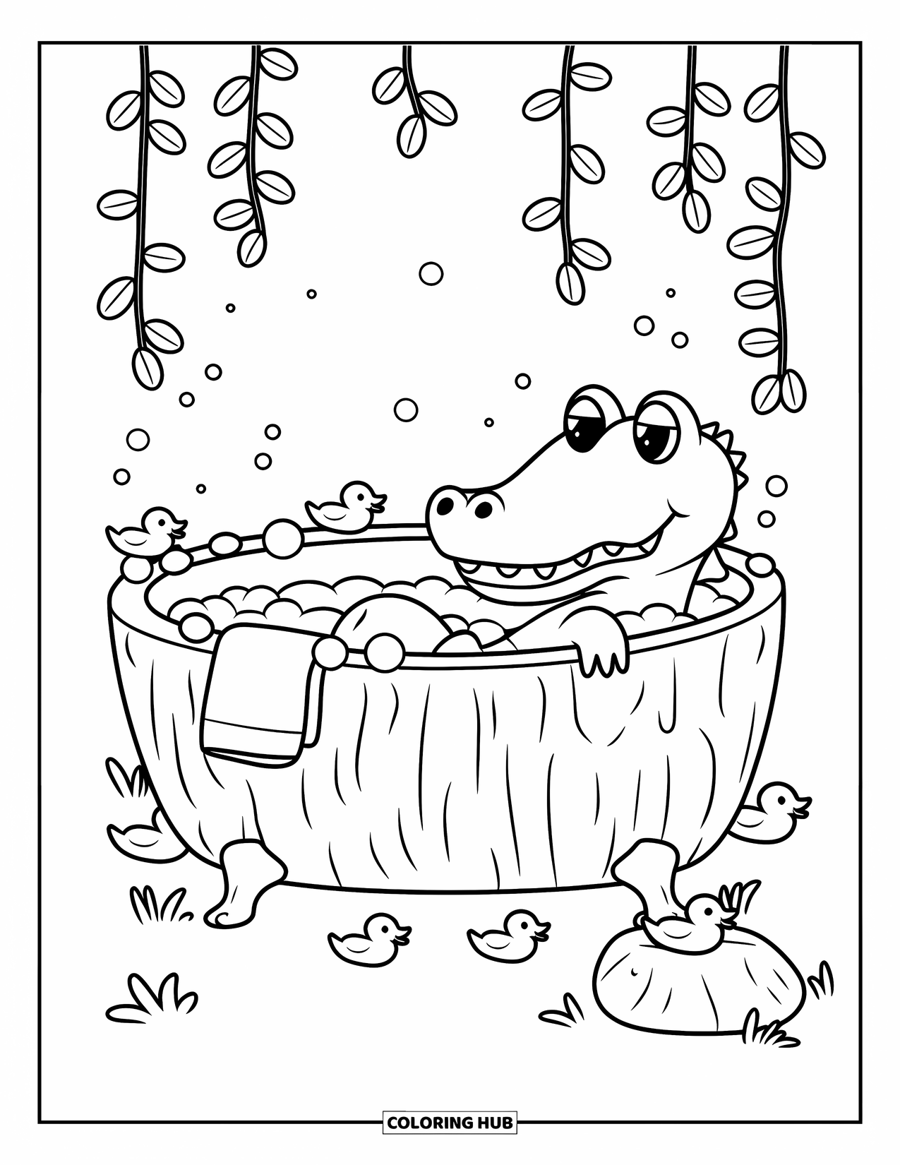 Disegno da colorare di coccodrillo per adulti: Un coccodrillo si rilassa in una vasca a forma di tronco piena di bolle con paperelle di gomma e viti pendenti