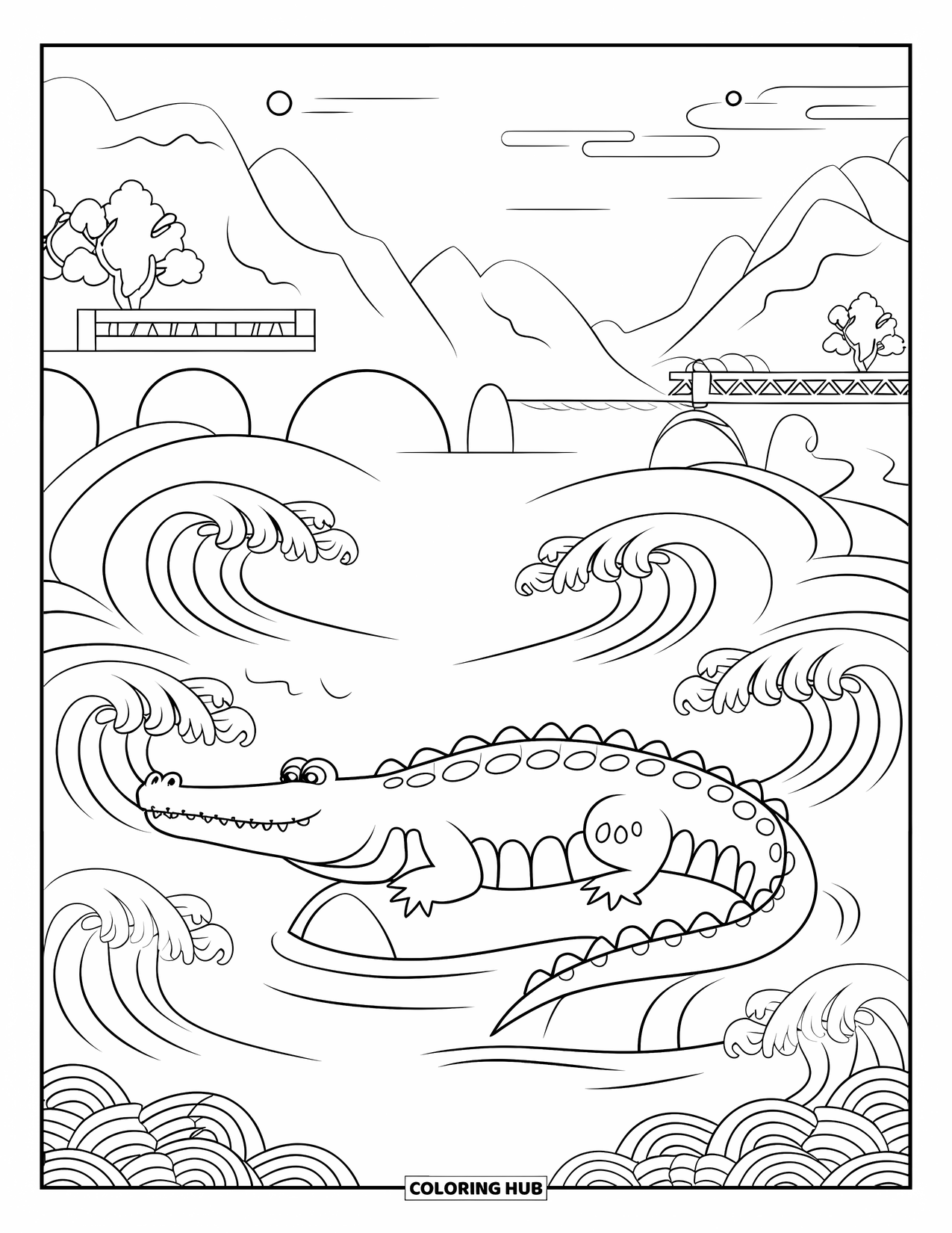 Disegno da colorare di un coccodrillo per adulti: Un coccodrillo si rilassa su una roccia tra onde vorticose con montagne e un ponte sullo sfondo