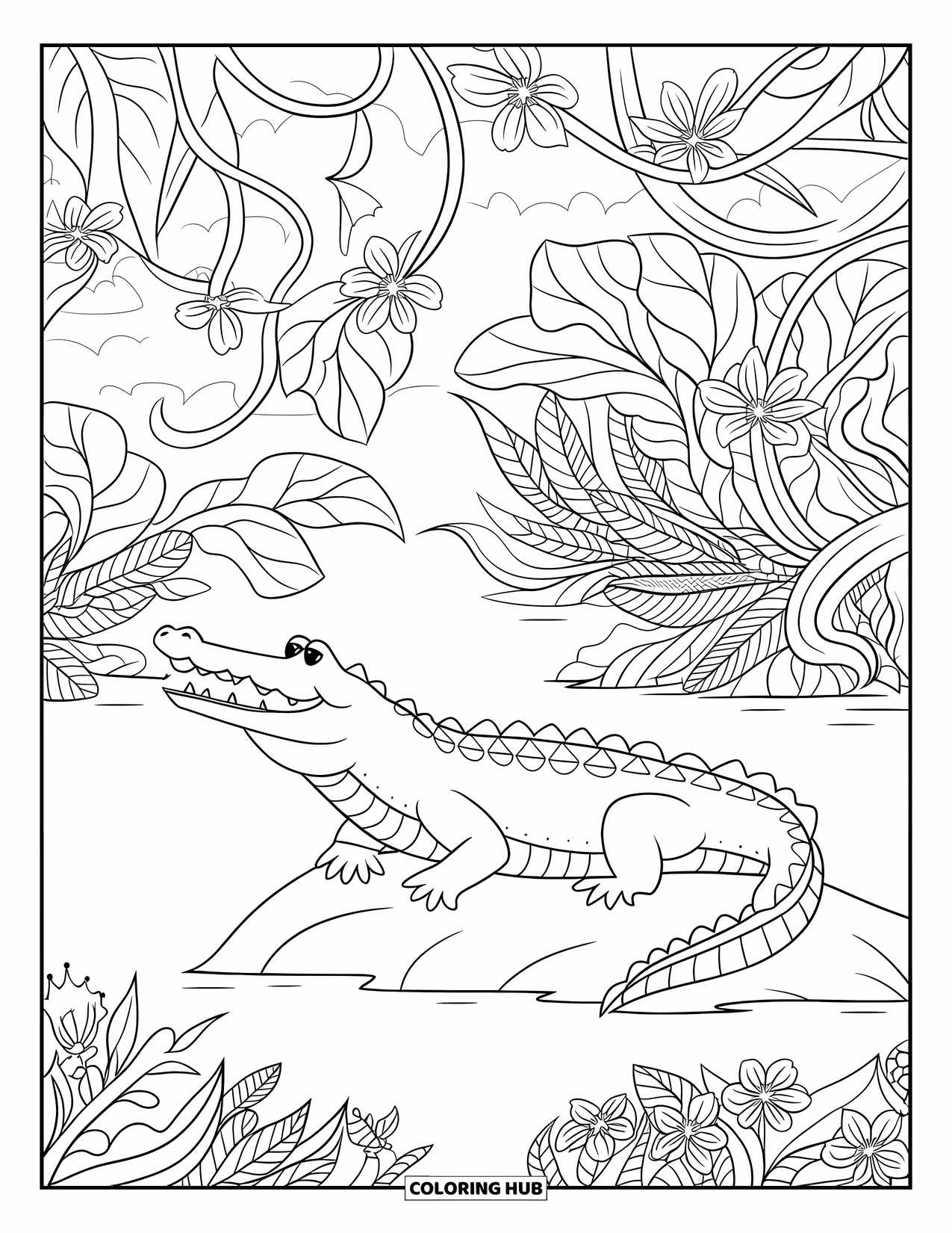 Disegno da colorare di un coccodrillo per adulti: Un coccodrillo riposa su una roccia, circondato da grandi foglie e fiori