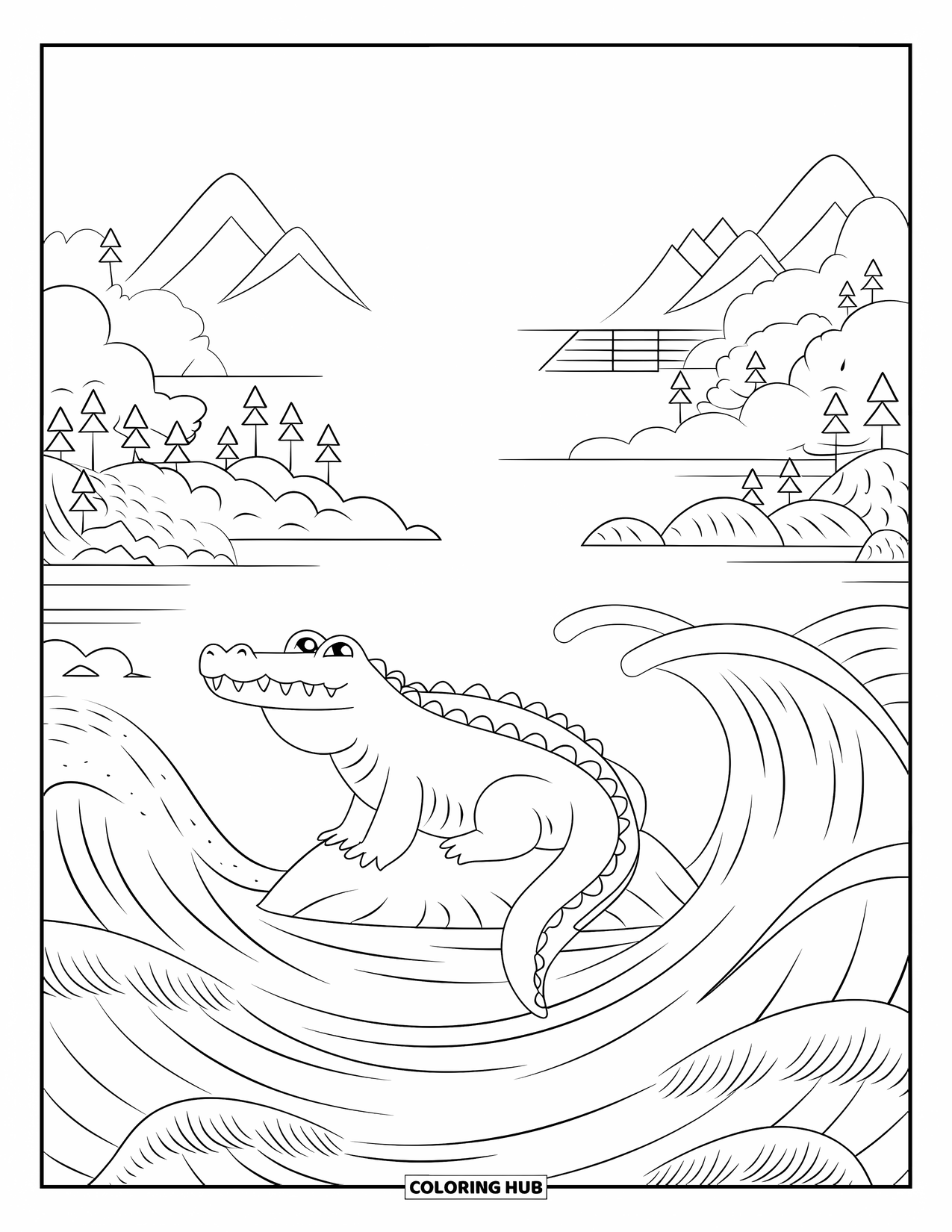 Disegno da colorare di un coccodrillo per adulti: Un coccodrillo riposa pacificamente in una scena fluviale con onde vorticose e colline lontane