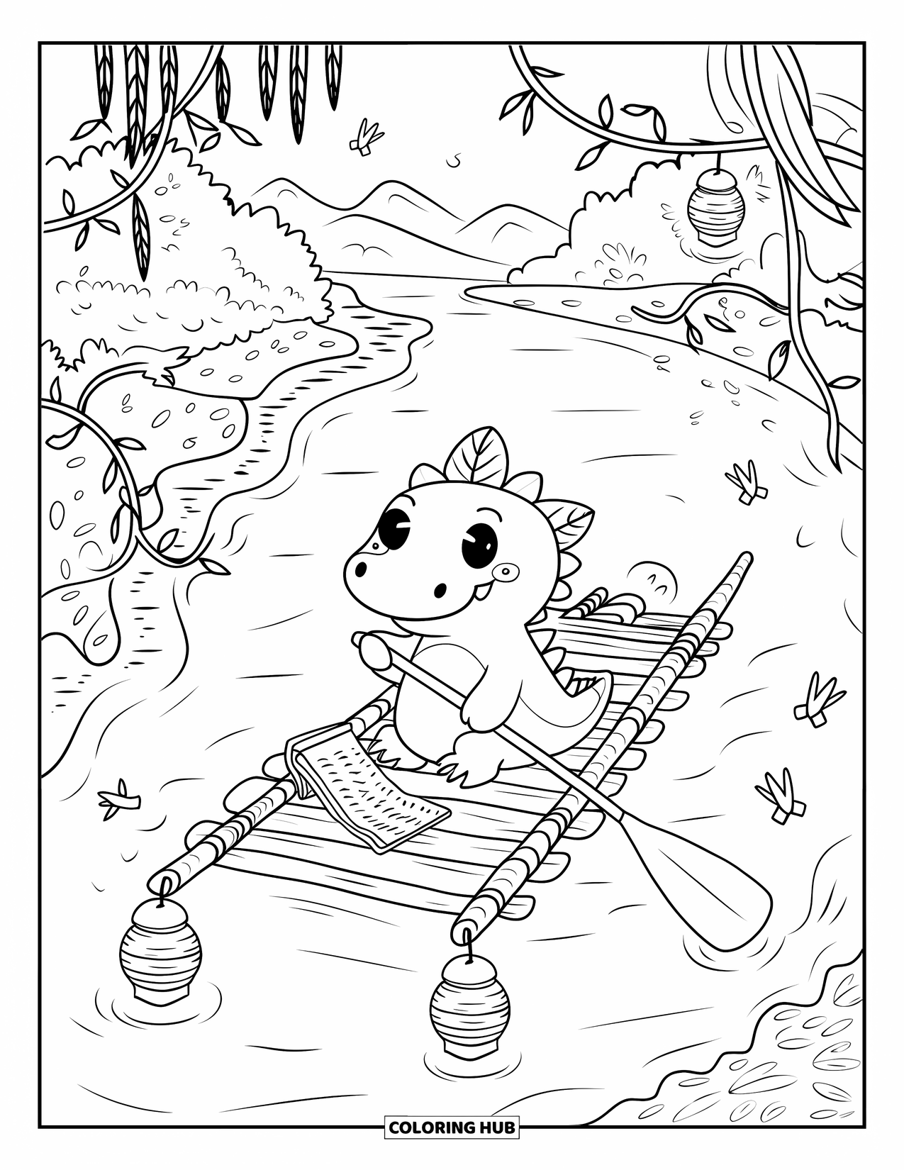 Disegno da colorare di coccodrillo per adulti: Un coccodrillo cavalca una zattera con una pagaia e una mappa, lanterne luminose che illuminano il cammino