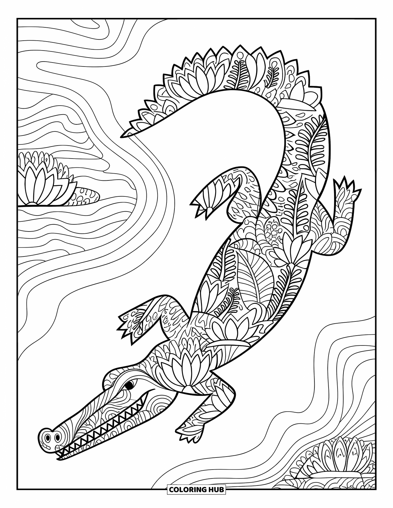 Disegno da colorare di un coccodrillo per adulti: La silhouette di un coccodrillo è riempita con motivi di loto, felci e fiumi ondulati