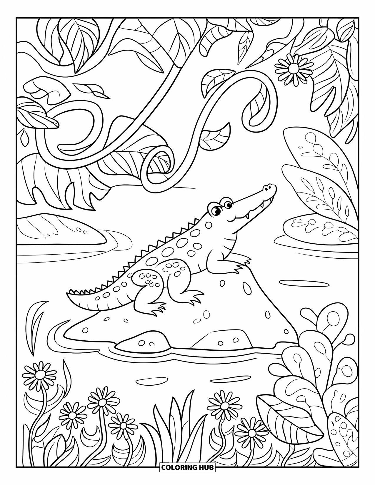 Disegno da colorare di un coccodrillo per adulti: Un coccodrillo siede su una roccia tra viti della giungla e motivi floreali