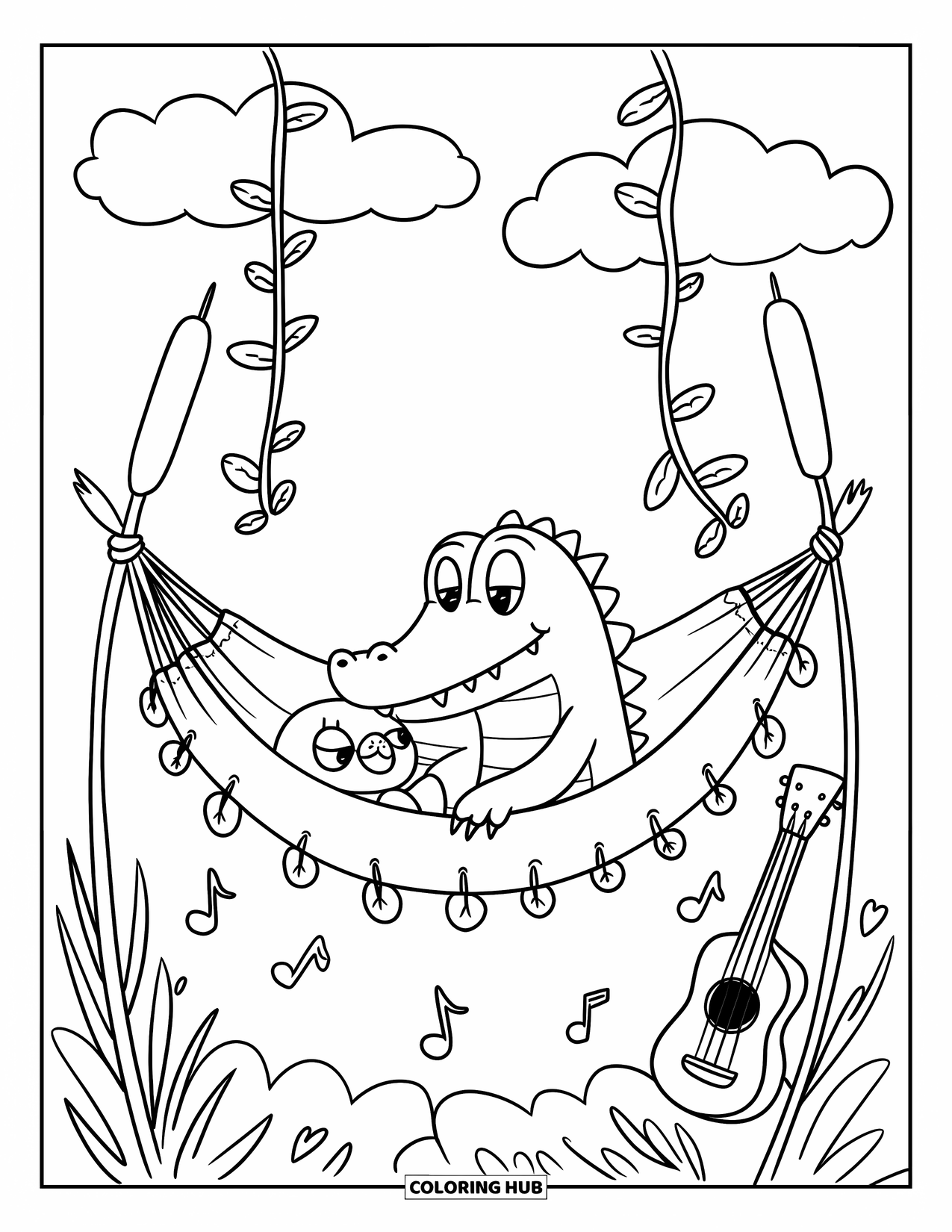 Disegno da colorare di un coccodrillo per adulti: Un coccodrillo si coccola un peluche in un'amaca nella giungla con note musicali e nuvole vorticose