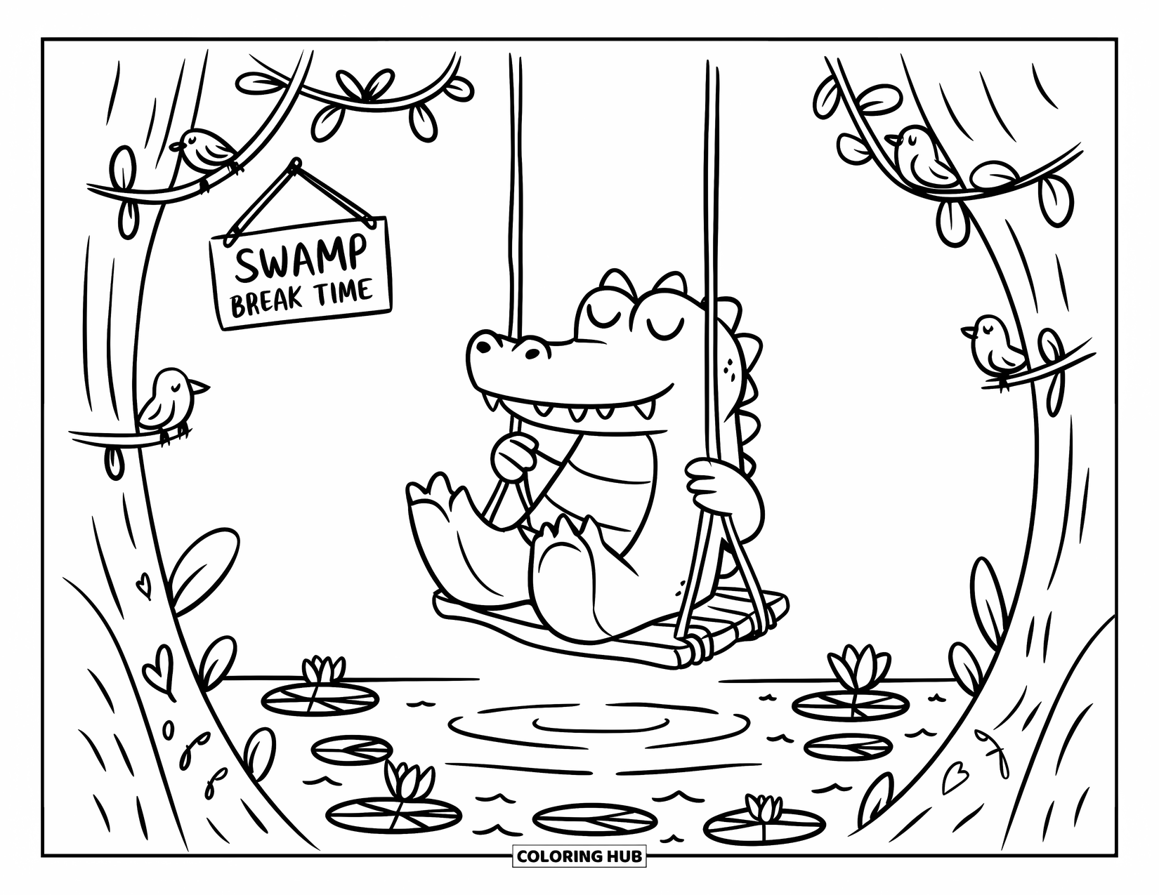 Disegno da colorare di un coccodrillo per adulti: Un coccodrillo oscilla sopra l'acqua con piccoli uccelli e un cartello arioso con scritto 