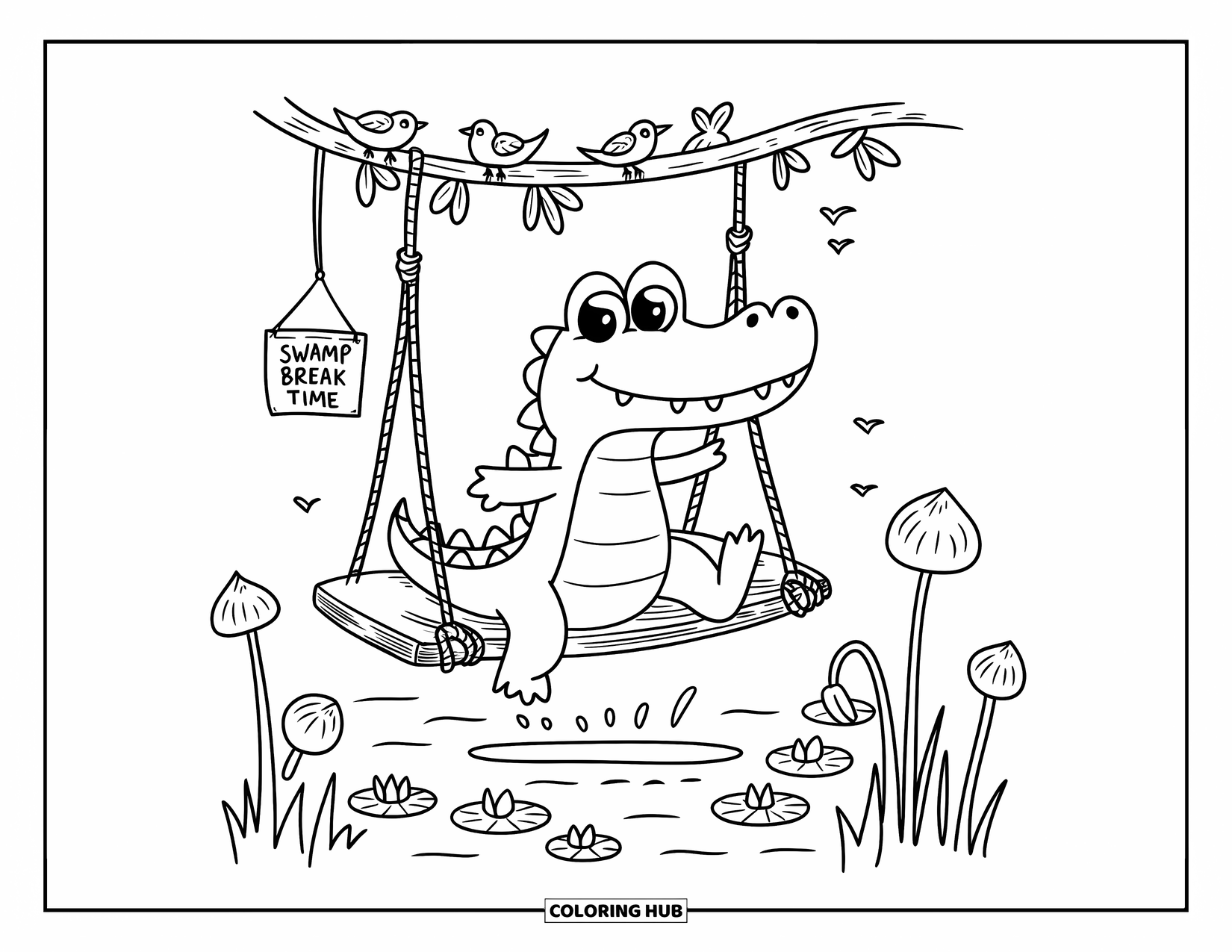 Disegno da colorare di un coccodrillo per adulti: Un coccodrillo oscilla con grandi occhi e piedi felici sopra una palude piena di ninfee