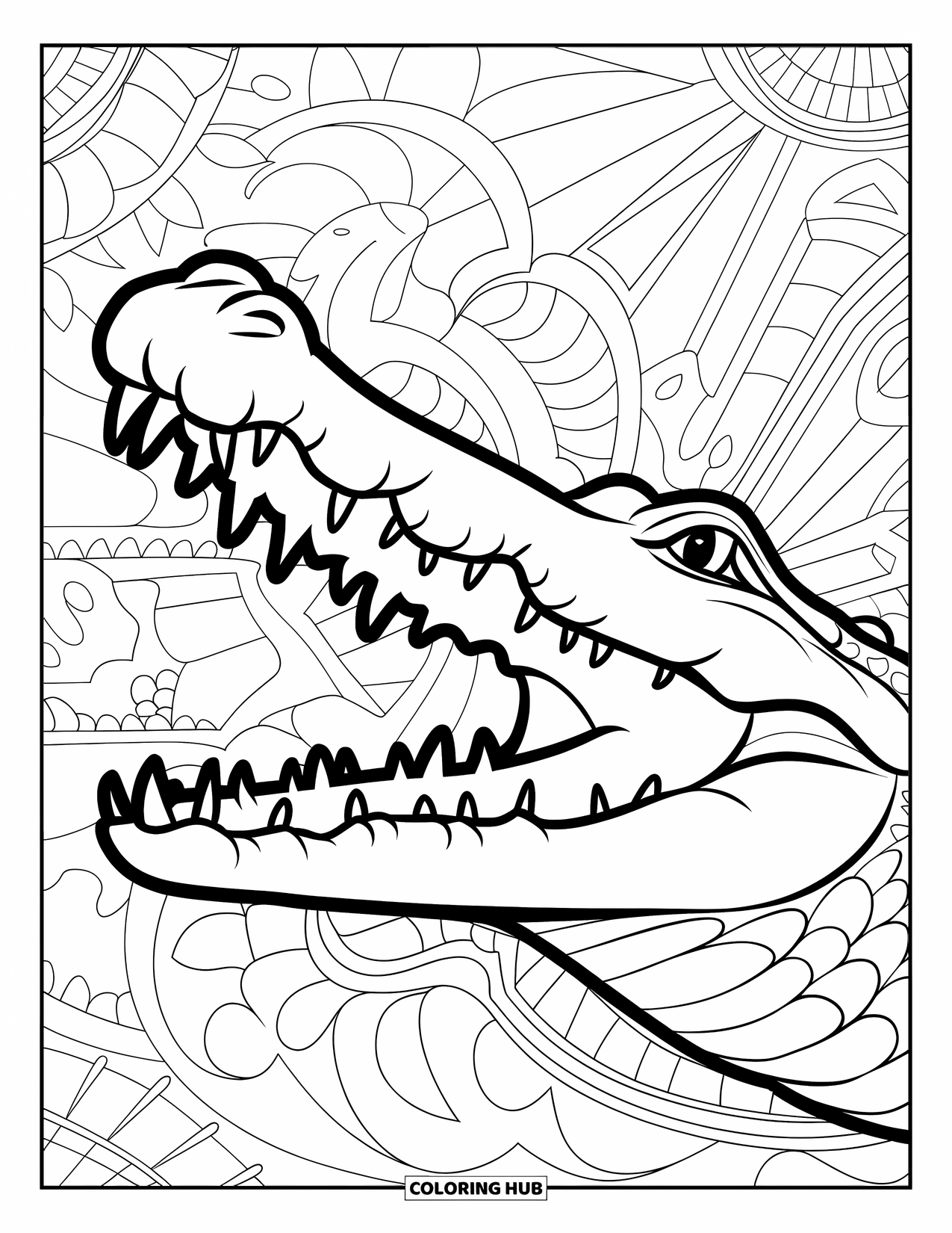 Disegno da colorare di un coccodrillo per adulti: Un coccodrillo con la bocca aperta è circondato da forme e motivi vorticosi decorativi